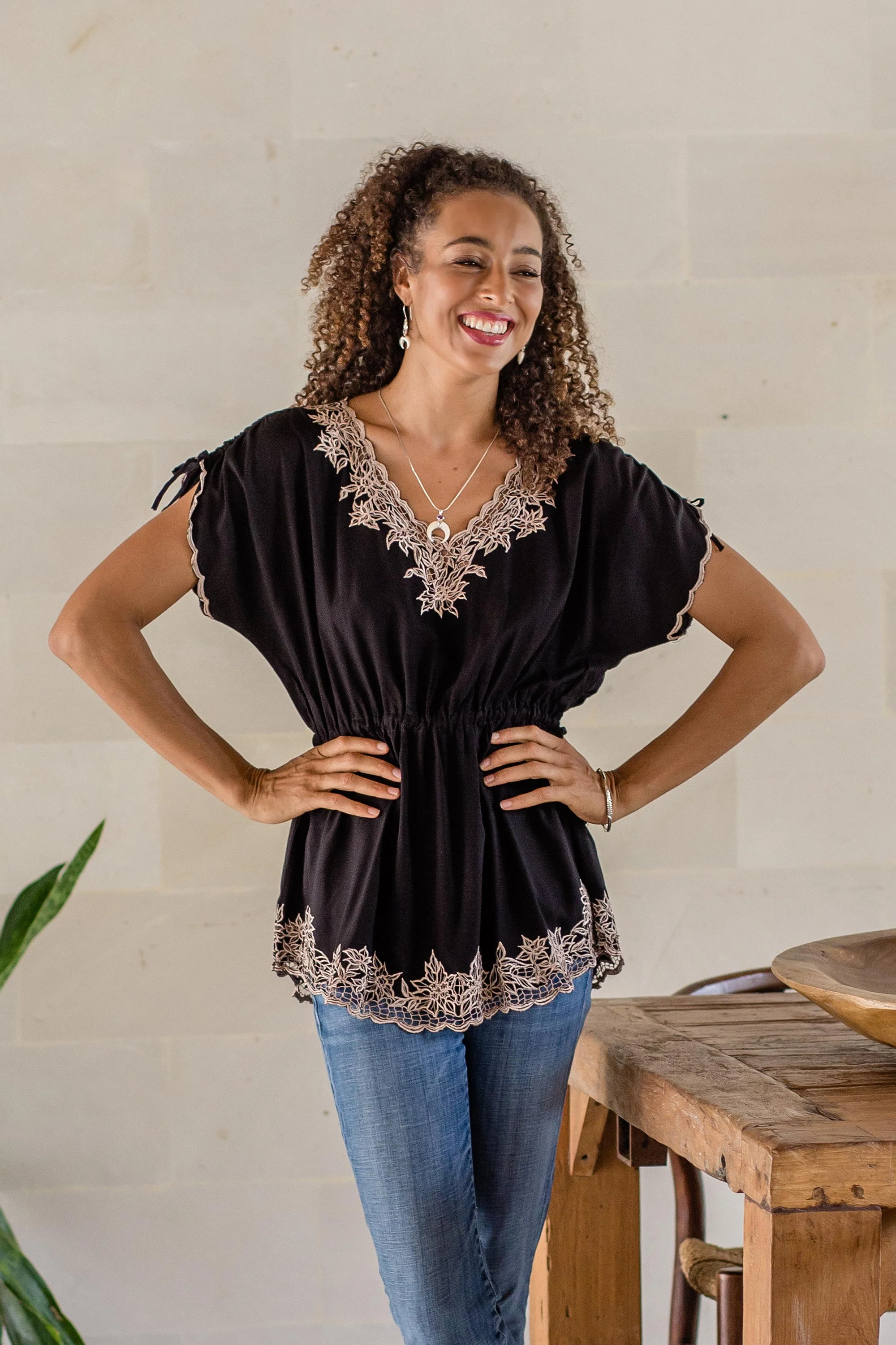 Floral Flirt in Onyx Floral Embroidered Rayon Blouse in Onyx from Bali - Image 3