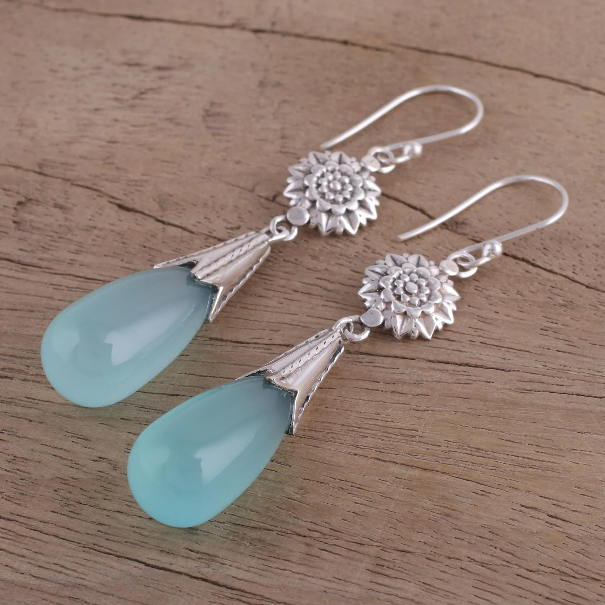 Floral Fruit Chalcedony and Silver Floral Dangle Earrings from India - Image 3