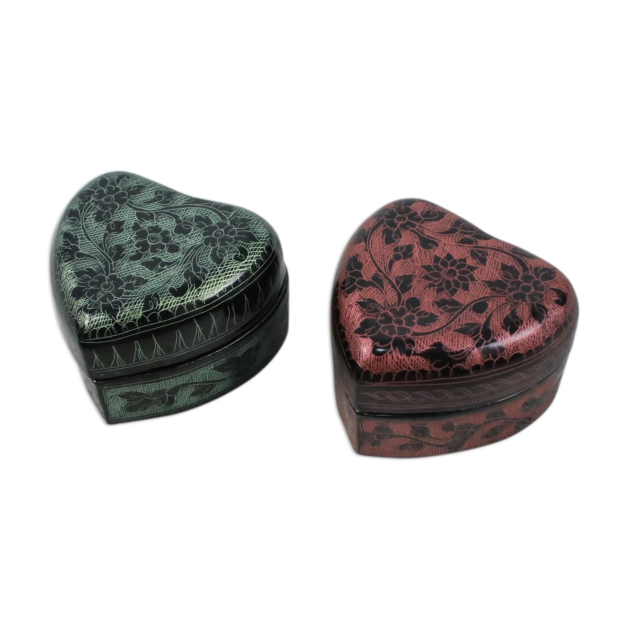 Floral Hearts Lacquerware Heart Shaped Boxes in Pink and Green (Pair) - Image 2