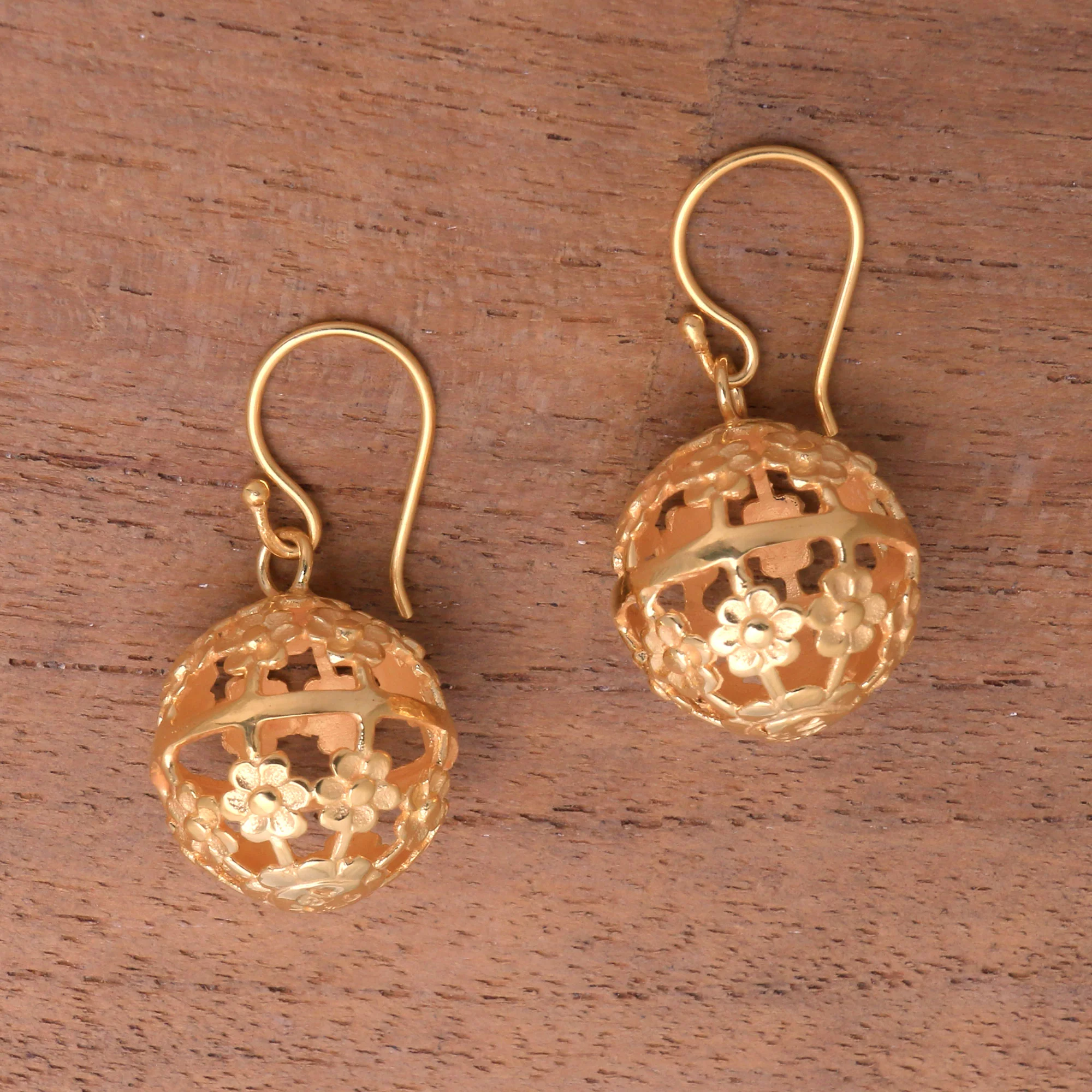 Floral Lanterns Floral Gold Plated Sterling Silver Dangle Earrings from Bali - Image 3