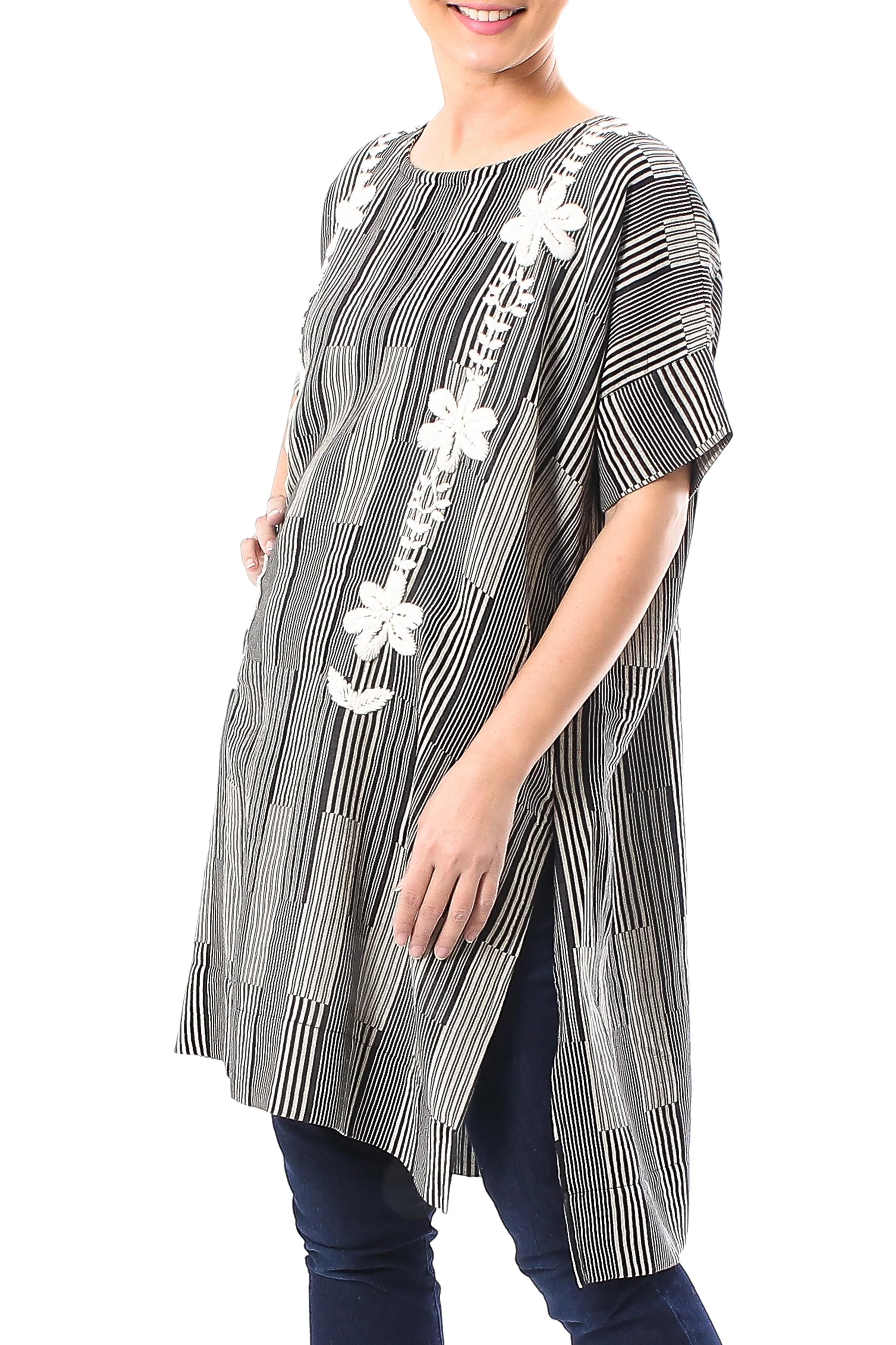 Floral Lattice Black and Alabaster Floral Cotton Long Length Tunic - Image 4