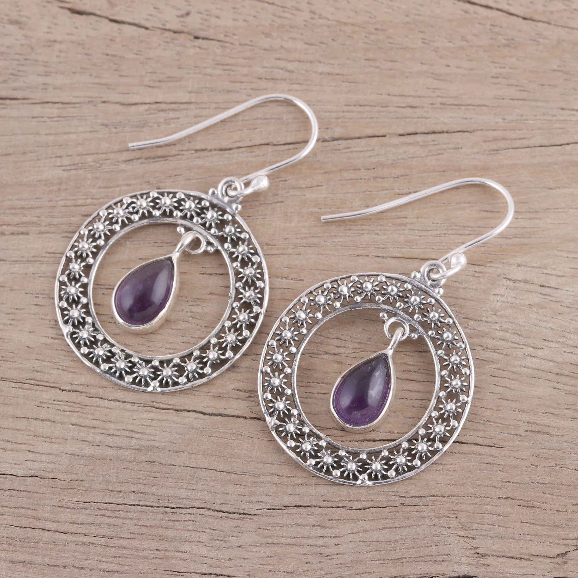 Floral Loop in Purple Amethyst and Sterling Silver Floral Motif Dangle Earrings - Image 3