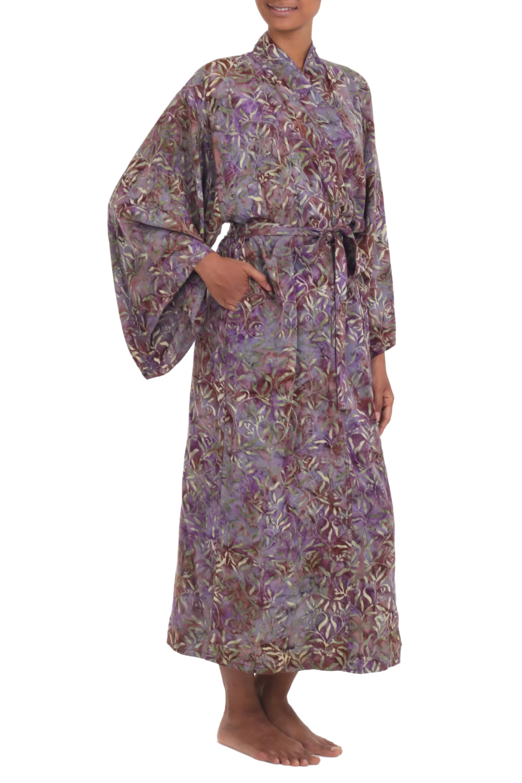 Floral Mansion Sienna Purple Floral Batik on Rayon Long Robe from Indonesia - Image 2