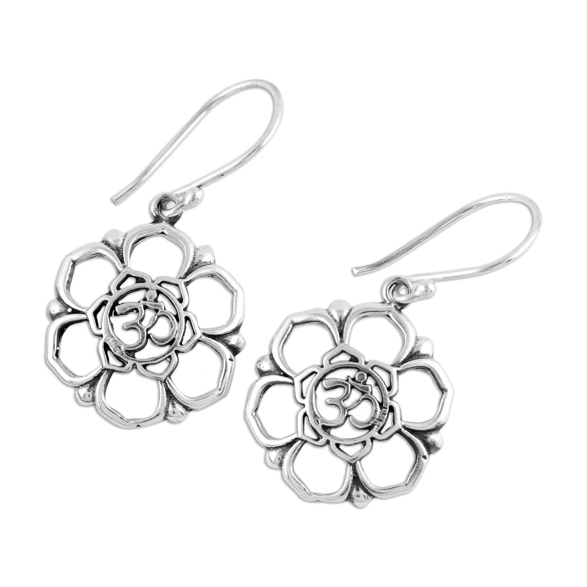 Floral Om Sterling Silver Floral Om Symbol Dangle Earrings - Image 4