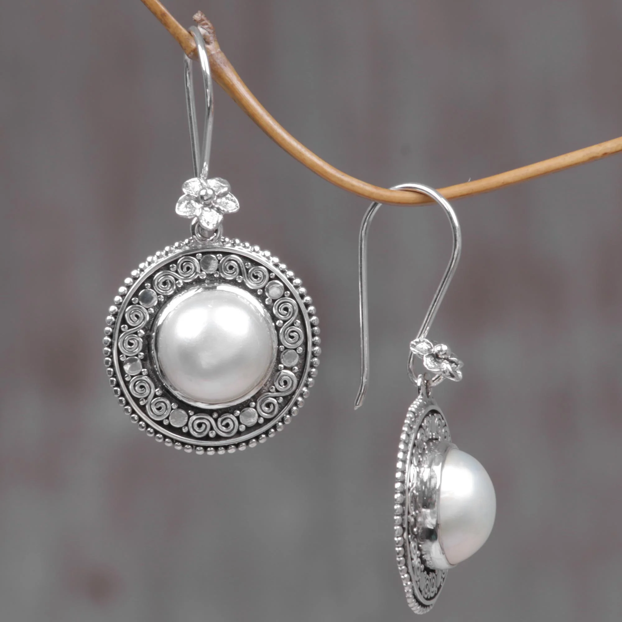 Floral Orbs Cultured Mabe Pearl Floral Dangle Earrings from Indonesia - Image 3