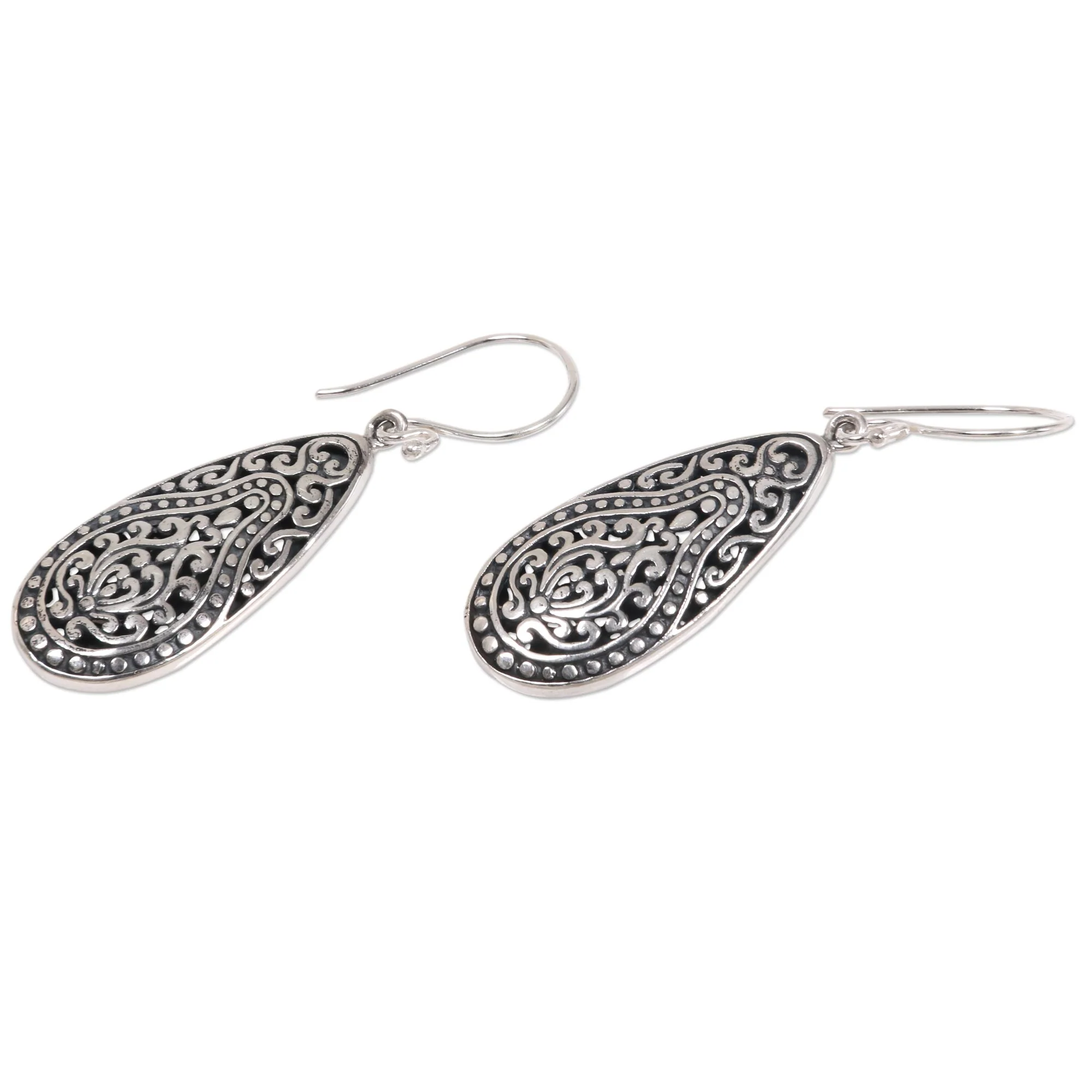 Floral Pear Engraved Sterling Silver Dangle Earrings from Bali - Image 3