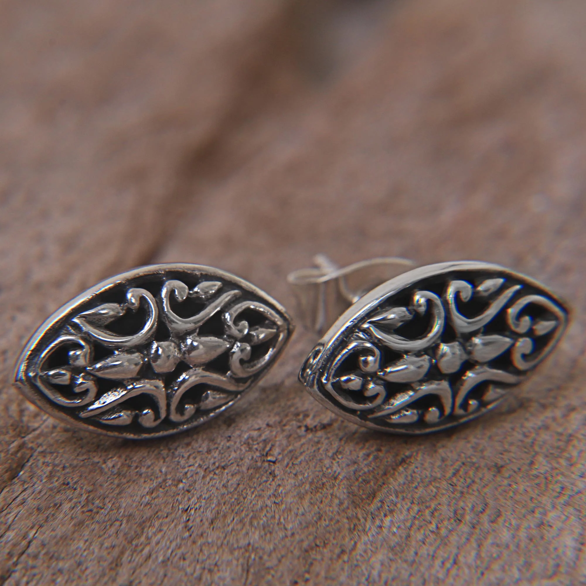 Floral Shield Sterling Silver Oval Button Earrings from Indonesia - Image 3