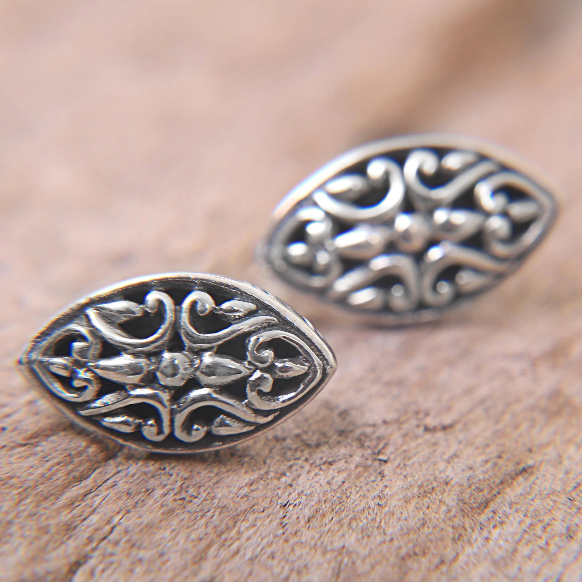 Floral Shield Sterling Silver Oval Button Earrings from Indonesia - Image 4