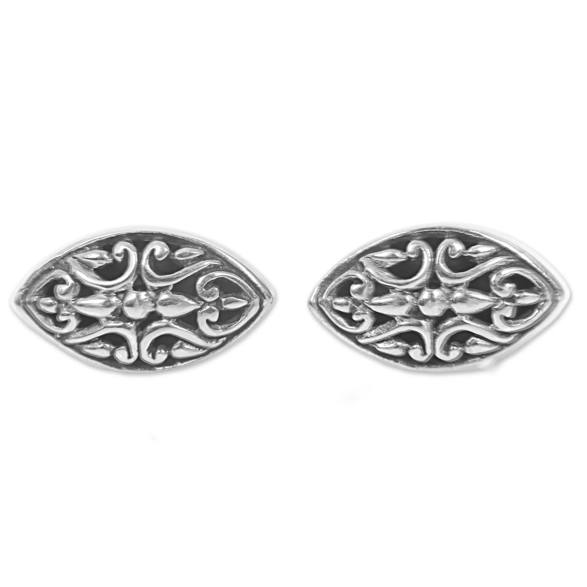 Floral Shield Sterling Silver Oval Button Earrings from Indonesia - Image 5