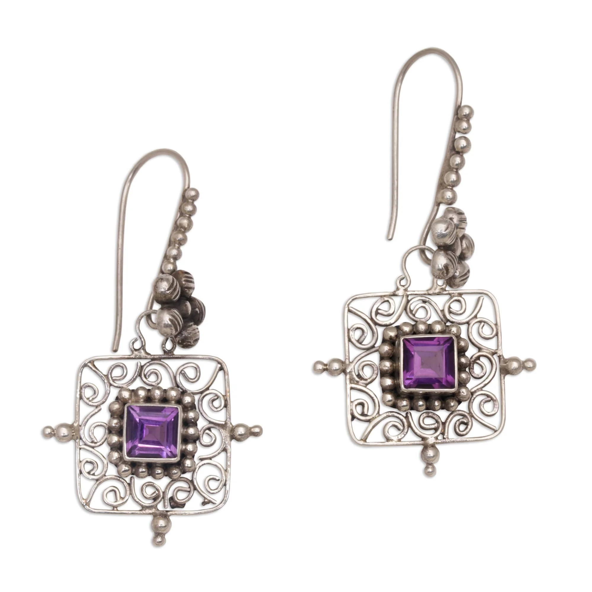Floral Squares Floral Amethyst and Silver Dangle Earrings from Bali - Image 2