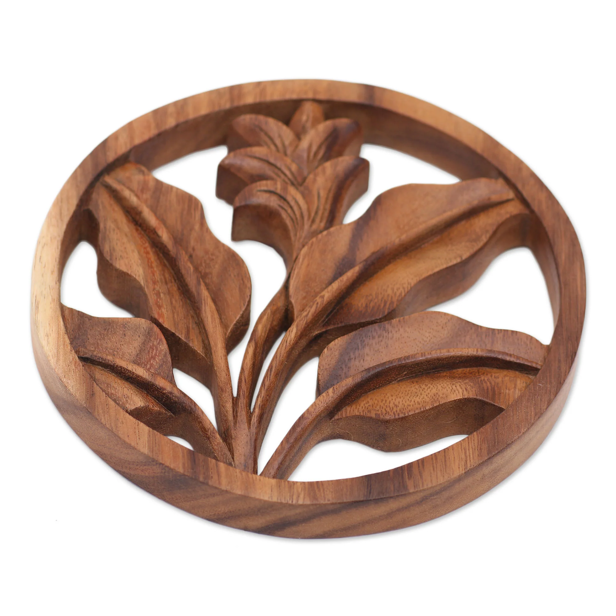 Flourish Balinese Crafted Floral Plant Suar Wood Wall Relief Panel - Image 4