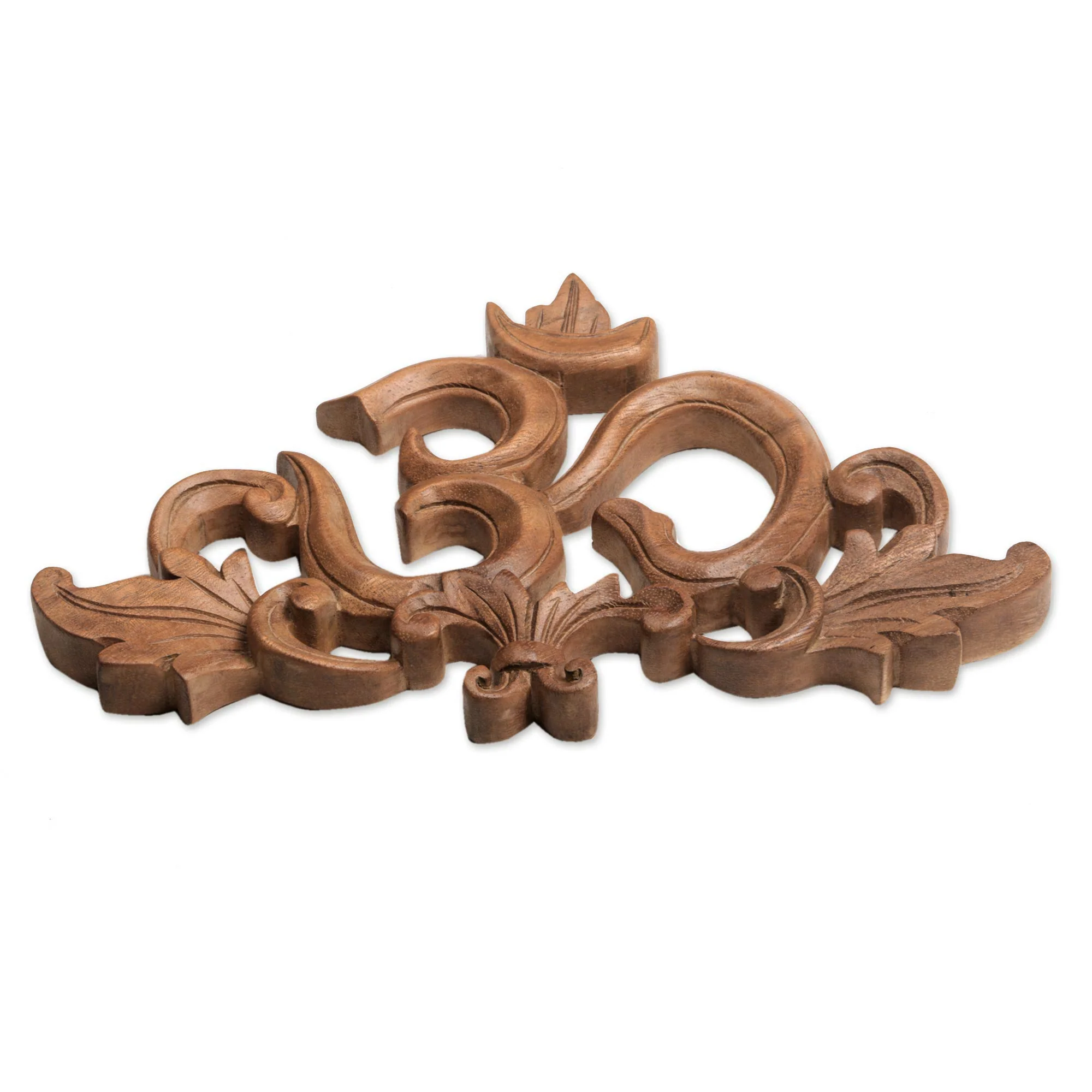 Flourishing Om Handcrafted Suar Wood Leafy Om Relief Panel from Bali - Image 3