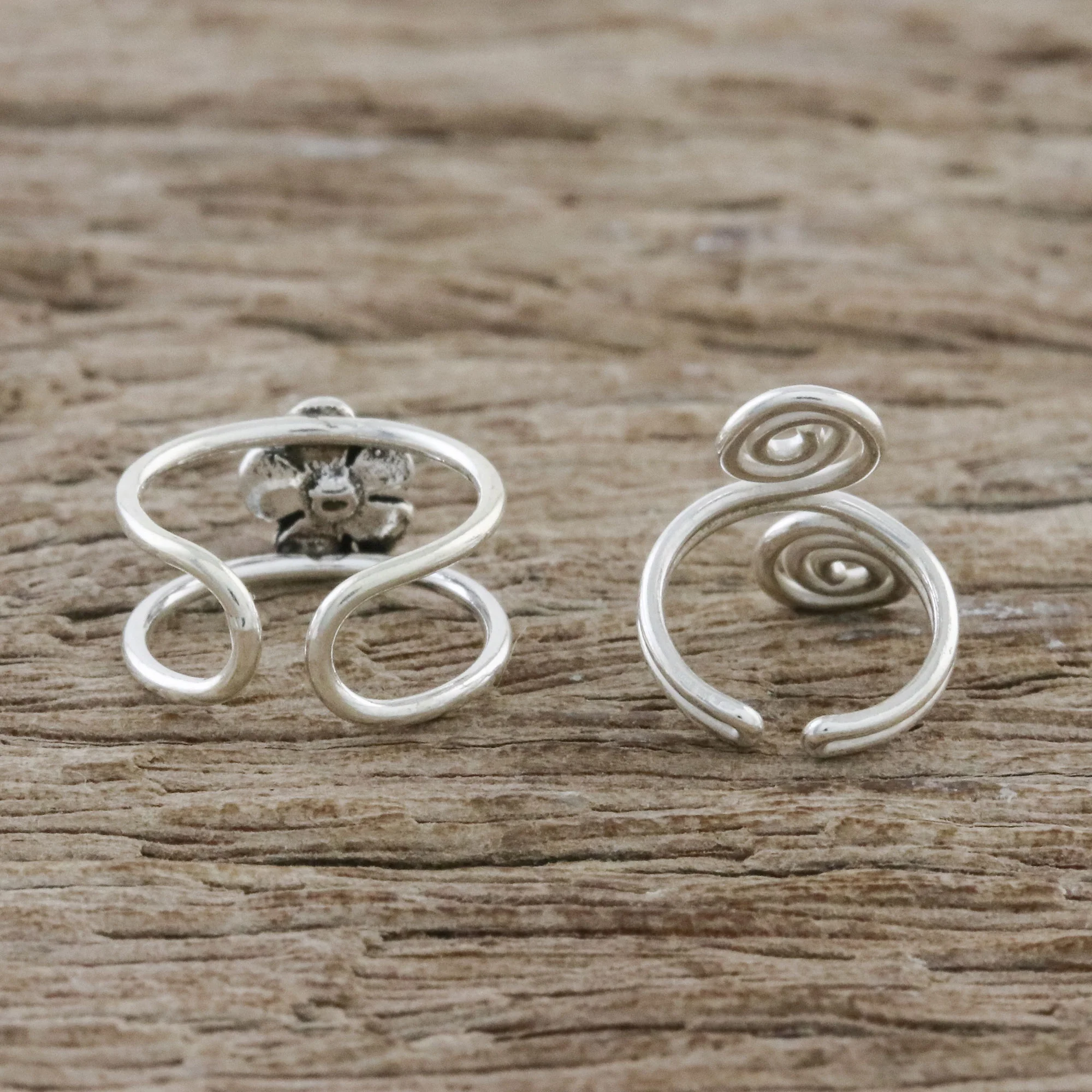 Flower and Spiral Floral Sterling Silver Ear Cuffs from Thailand - Image 3
