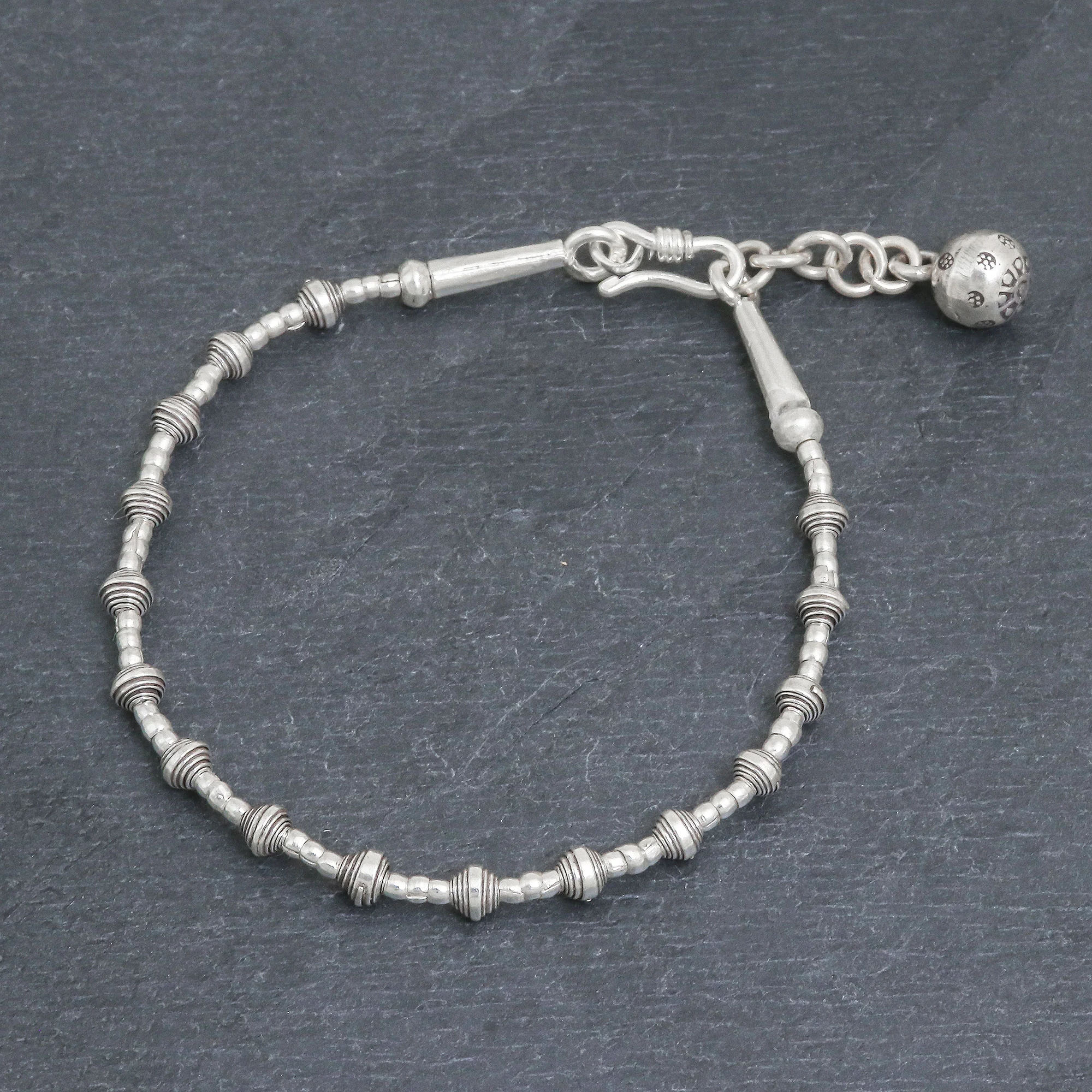 Flower Ball Silver Link Bracelet with Extender Chain from Thailand - Image 3