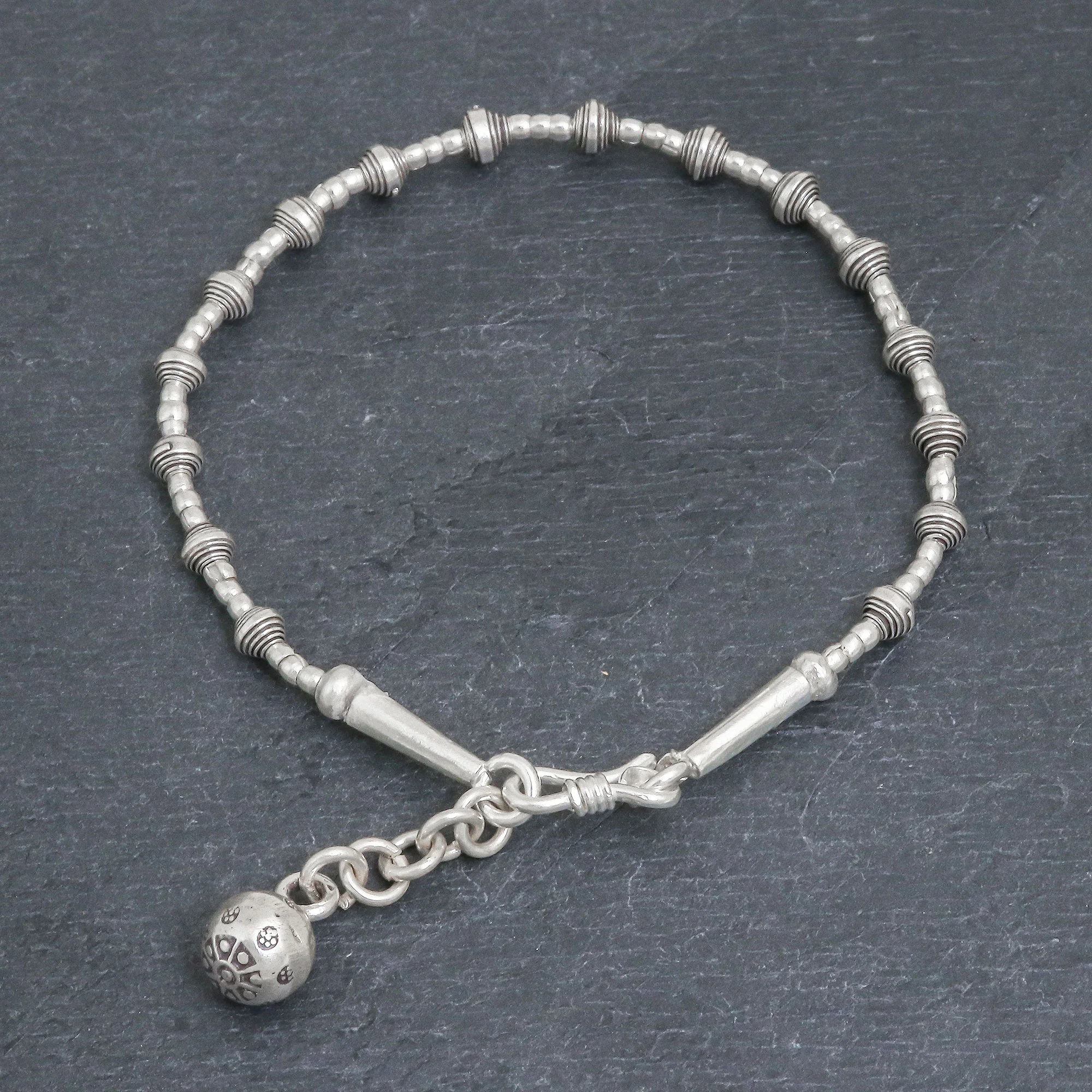 Flower Ball Silver Link Bracelet with Extender Chain from Thailand - Image 4