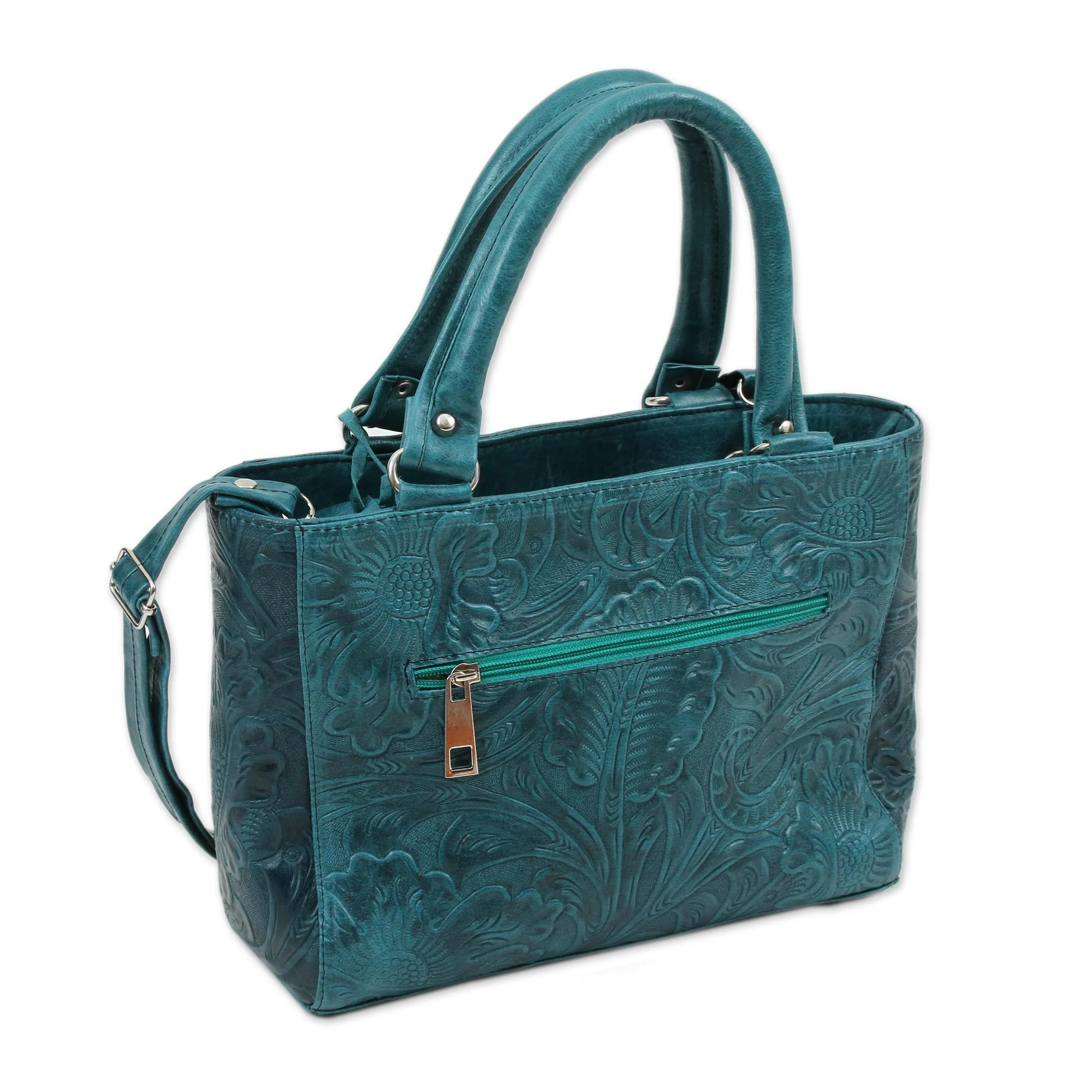 Flower Carrier in Teal Floral Leather Shoulder Bag in Teal from Mexico - Image 2