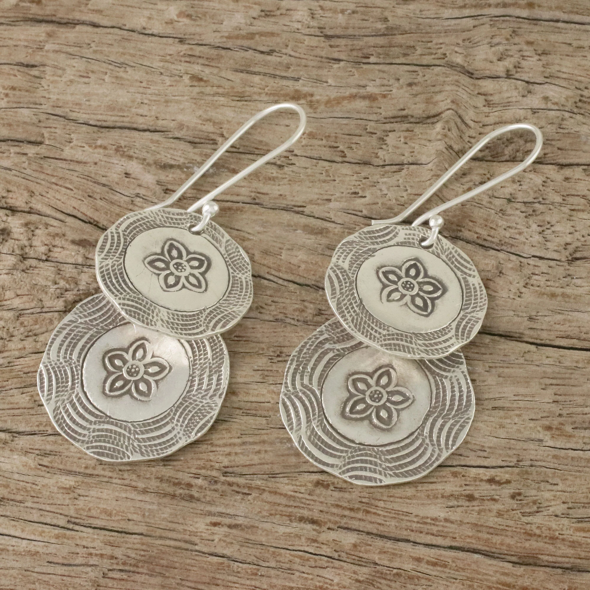 Flower Coins Karen Hill Tribe Silver Floral Boho Dangle Earrings - Image 3