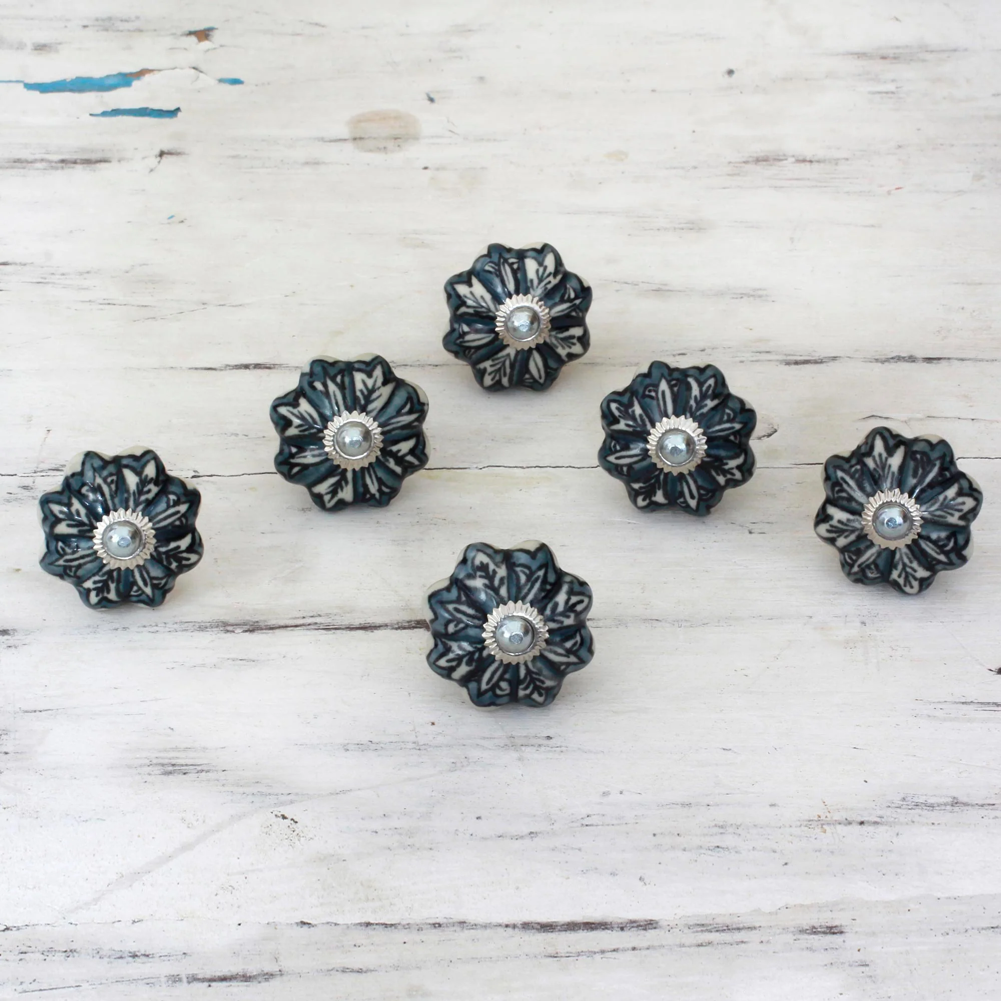 Flower Harmony in Grey Ceramic Cabinet Knobs Floral Grey (Set of 6) India