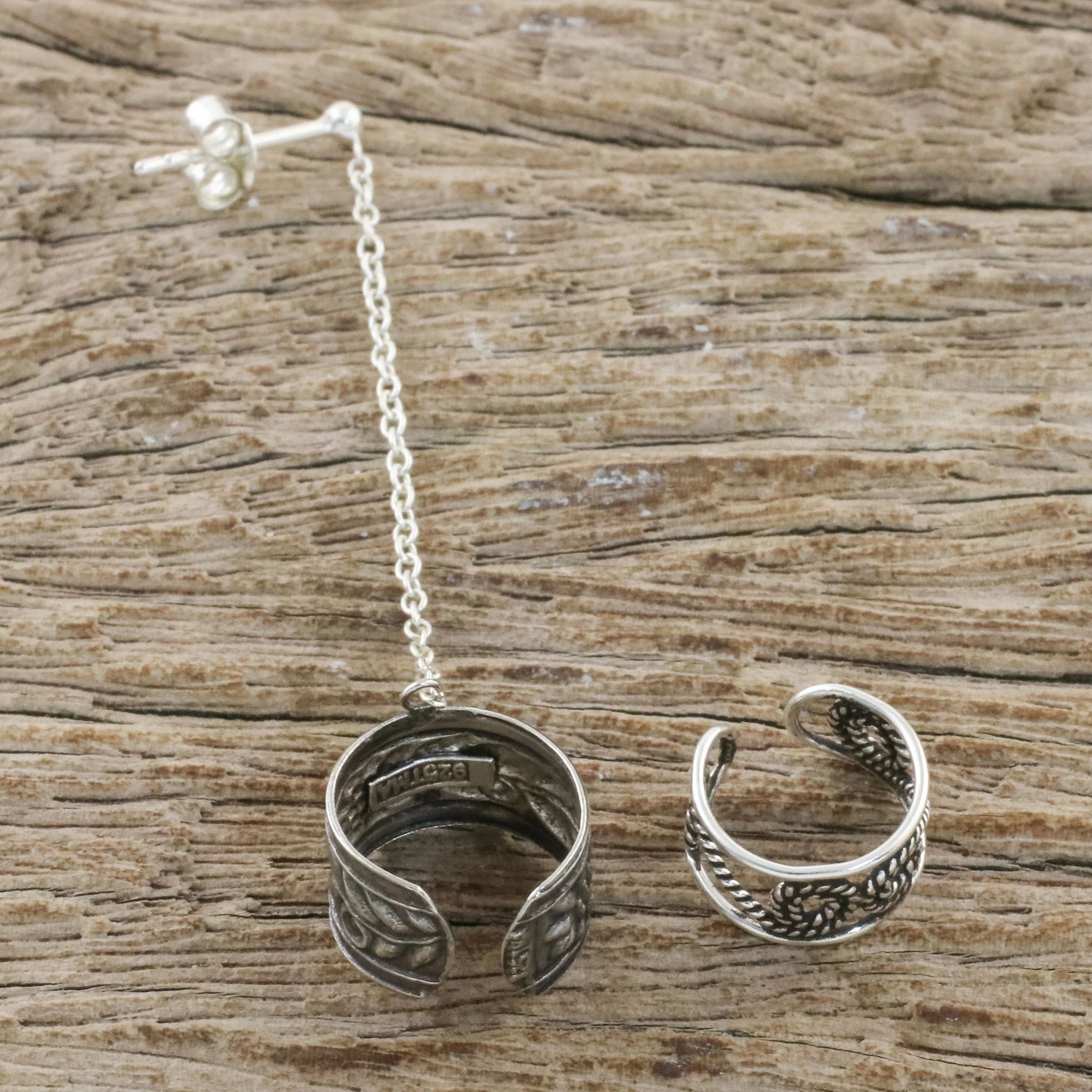 Flower Maze Floral Sterling Silver Ear Cuffs with Chain from Thailand - Image 4
