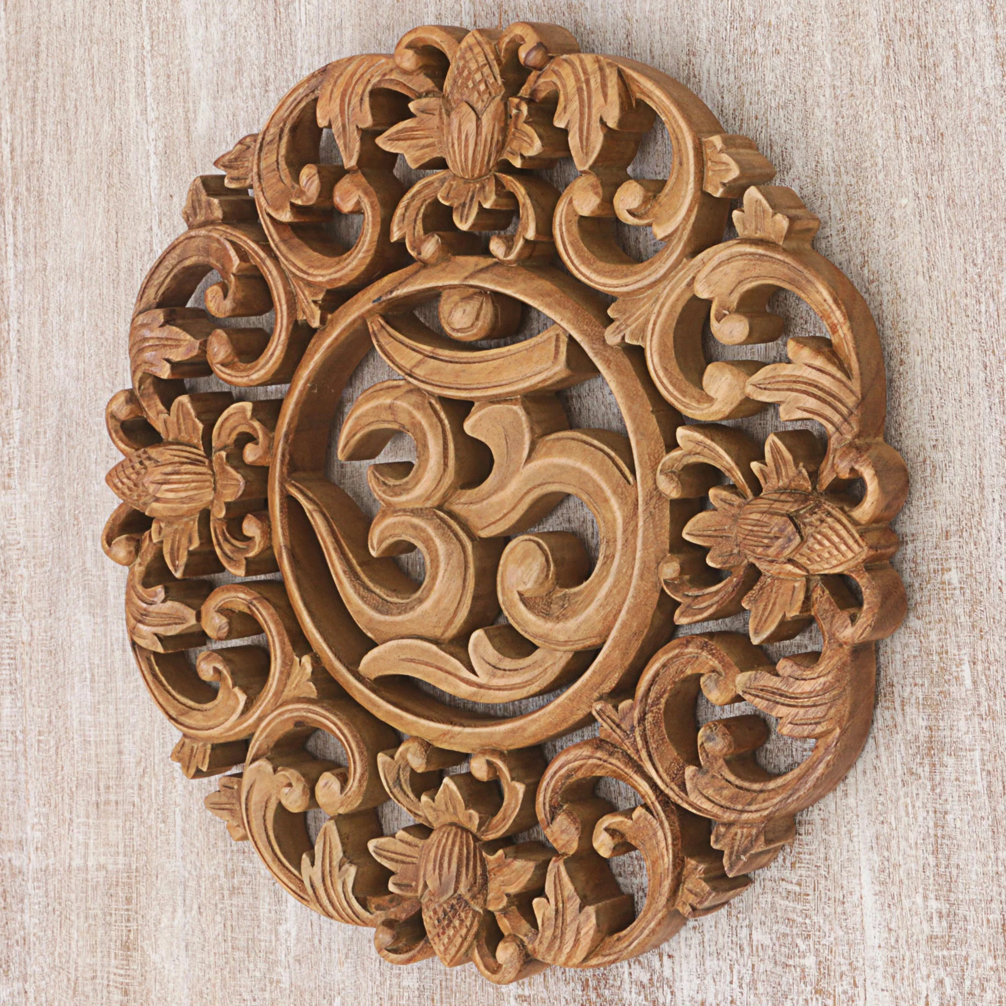 Flower Om Hand Made Wood Wall Relief Panel of Floral Om from Indonesia - Image 3