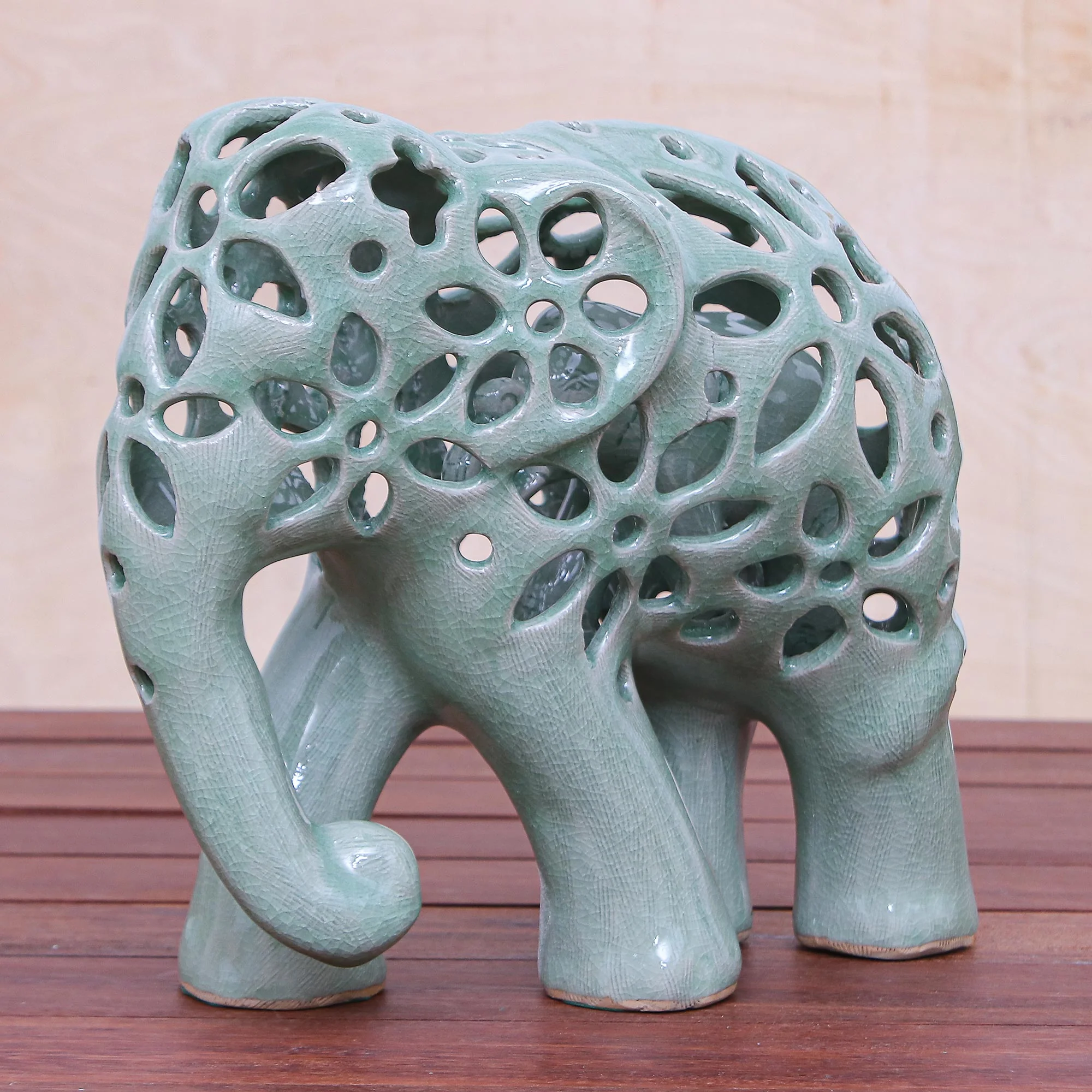 Flowering Elephant Hand Crafted Celadon Ceramic Elephant Sculpture - Image 3