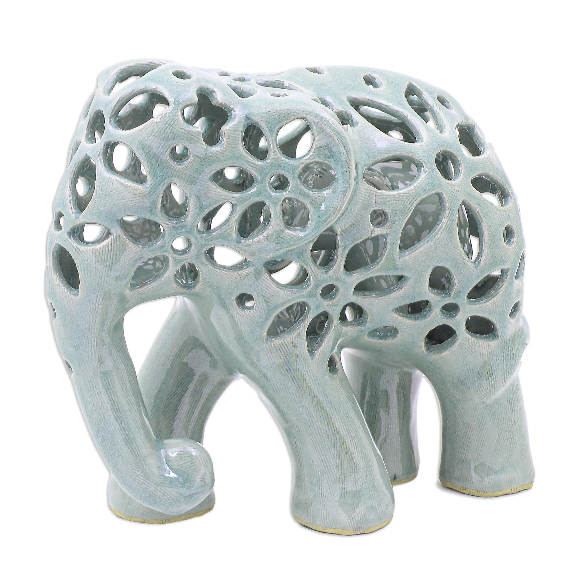 Flowering Elephant Hand Crafted Celadon Ceramic Elephant Sculpture - Image 4