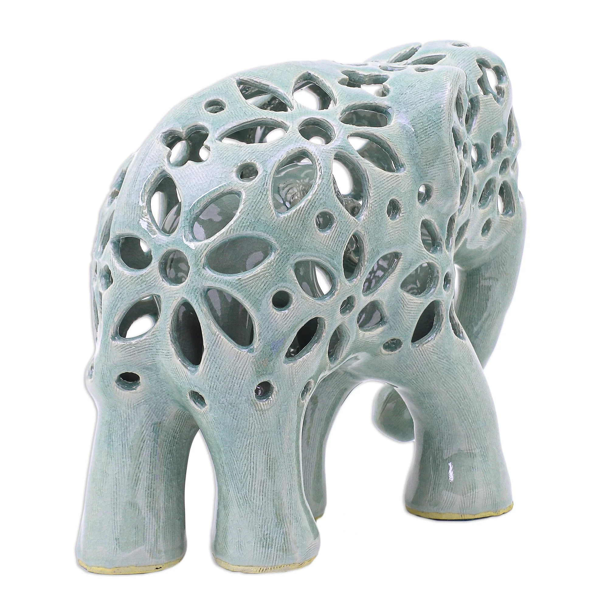 Flowering Elephant Hand Crafted Celadon Ceramic Elephant Sculpture - Image 5
