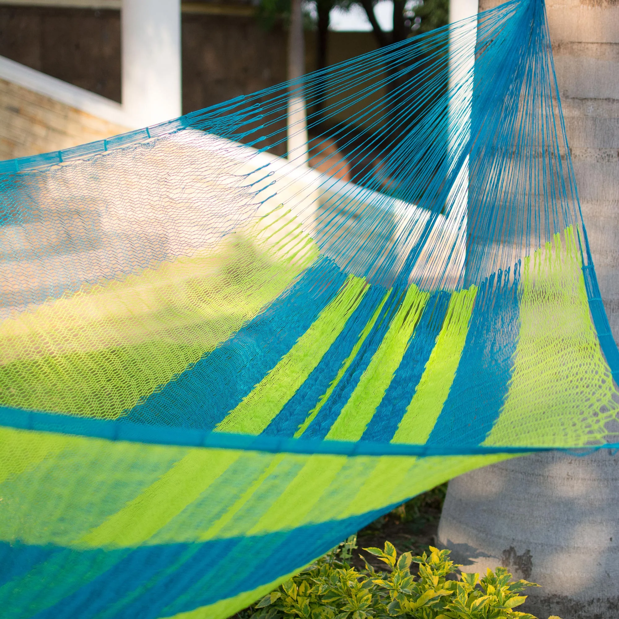 Fluorescent Tropics Neon Green and Blue Hand Woven Nylon Maya Hammock (Single) - Image 3