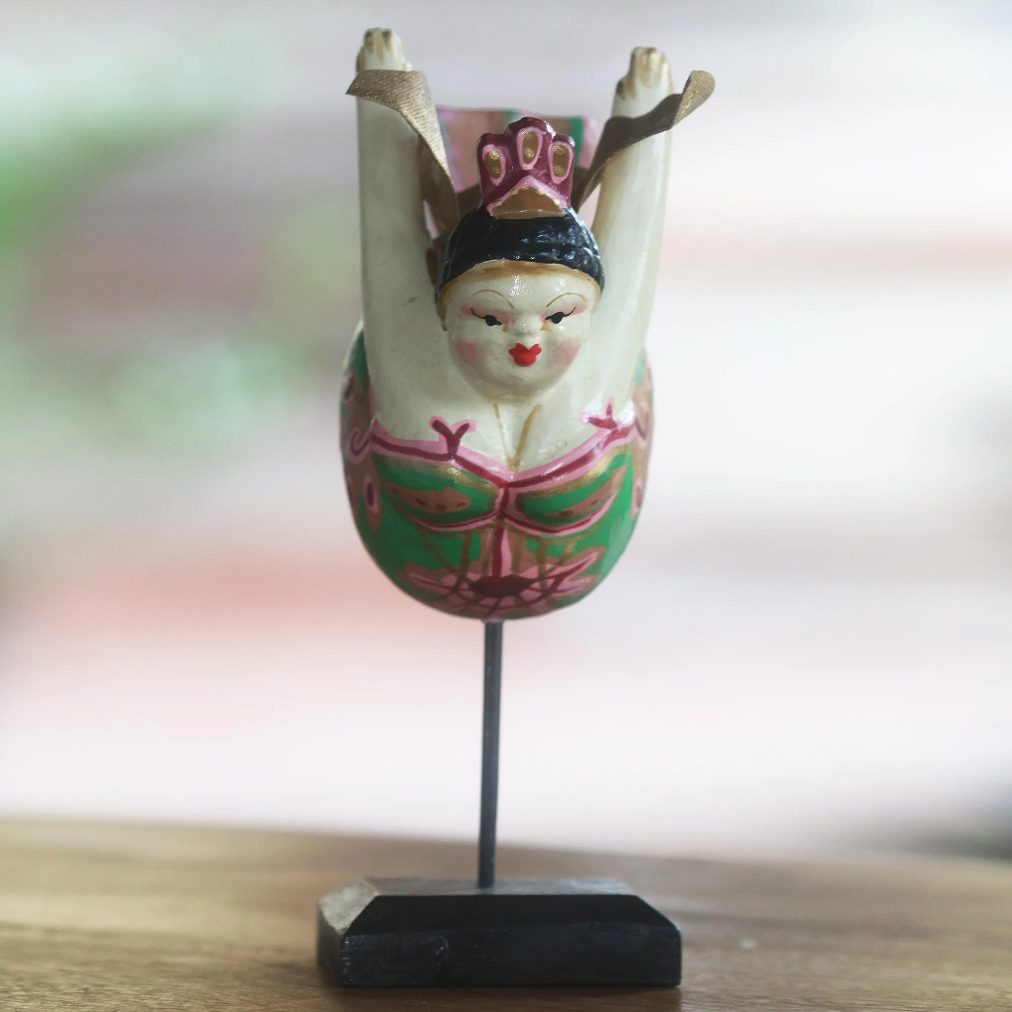 Flying Lady in Green Hand Carved Wood Sculpture Flying Woman Green Indonesia
