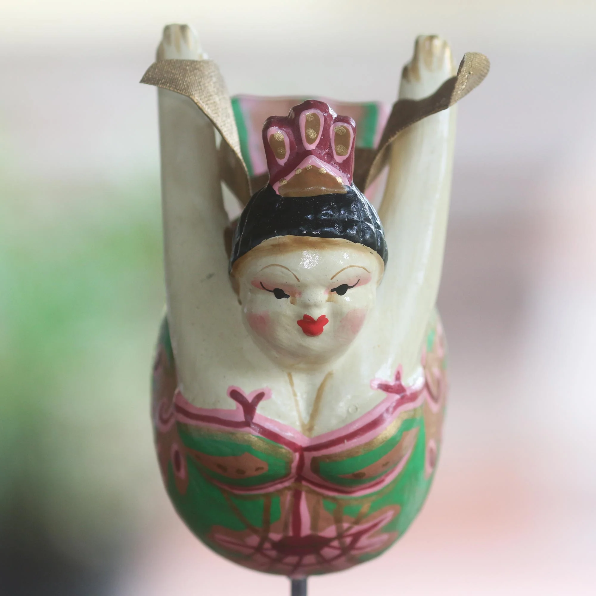Flying Lady in Green Hand Carved Wood Sculpture Flying Woman Green Indonesia - Image 3