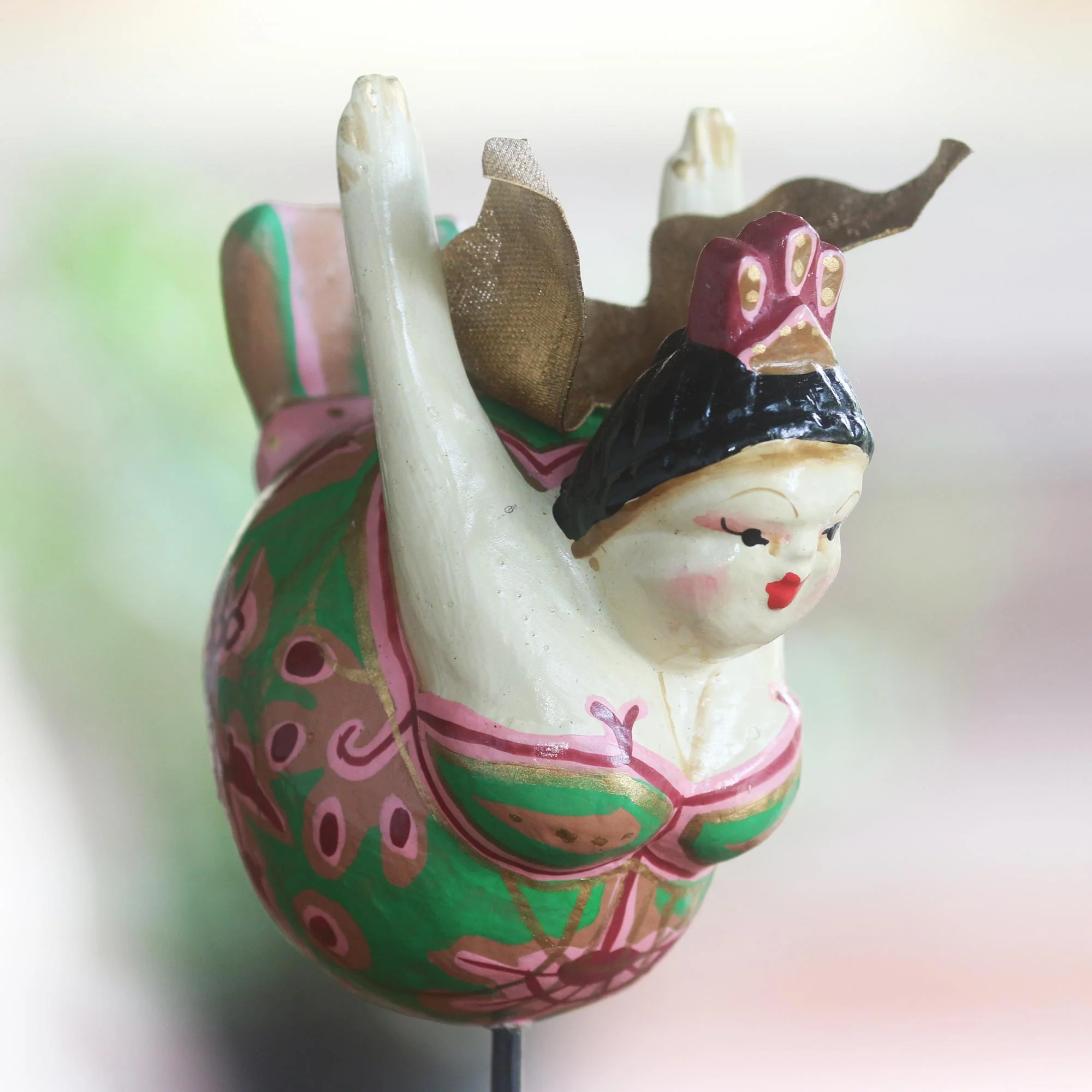 Flying Lady in Green Hand Carved Wood Sculpture Flying Woman Green Indonesia - Image 4