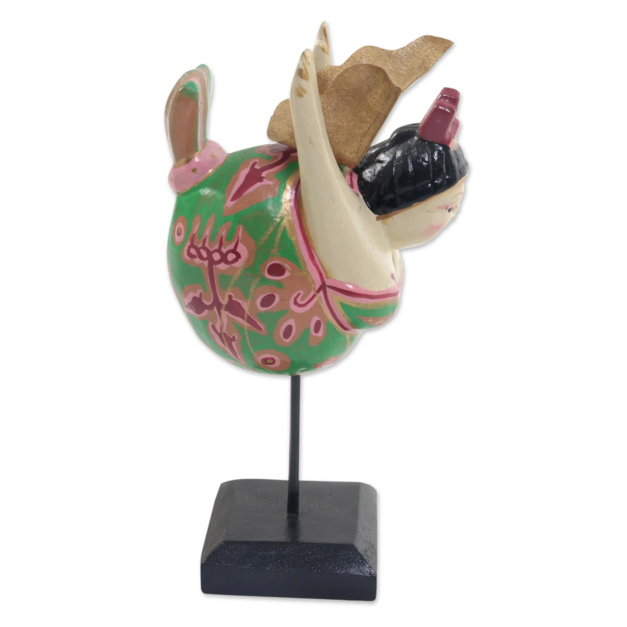 Flying Lady in Green Hand Carved Wood Sculpture Flying Woman Green Indonesia - Image 5