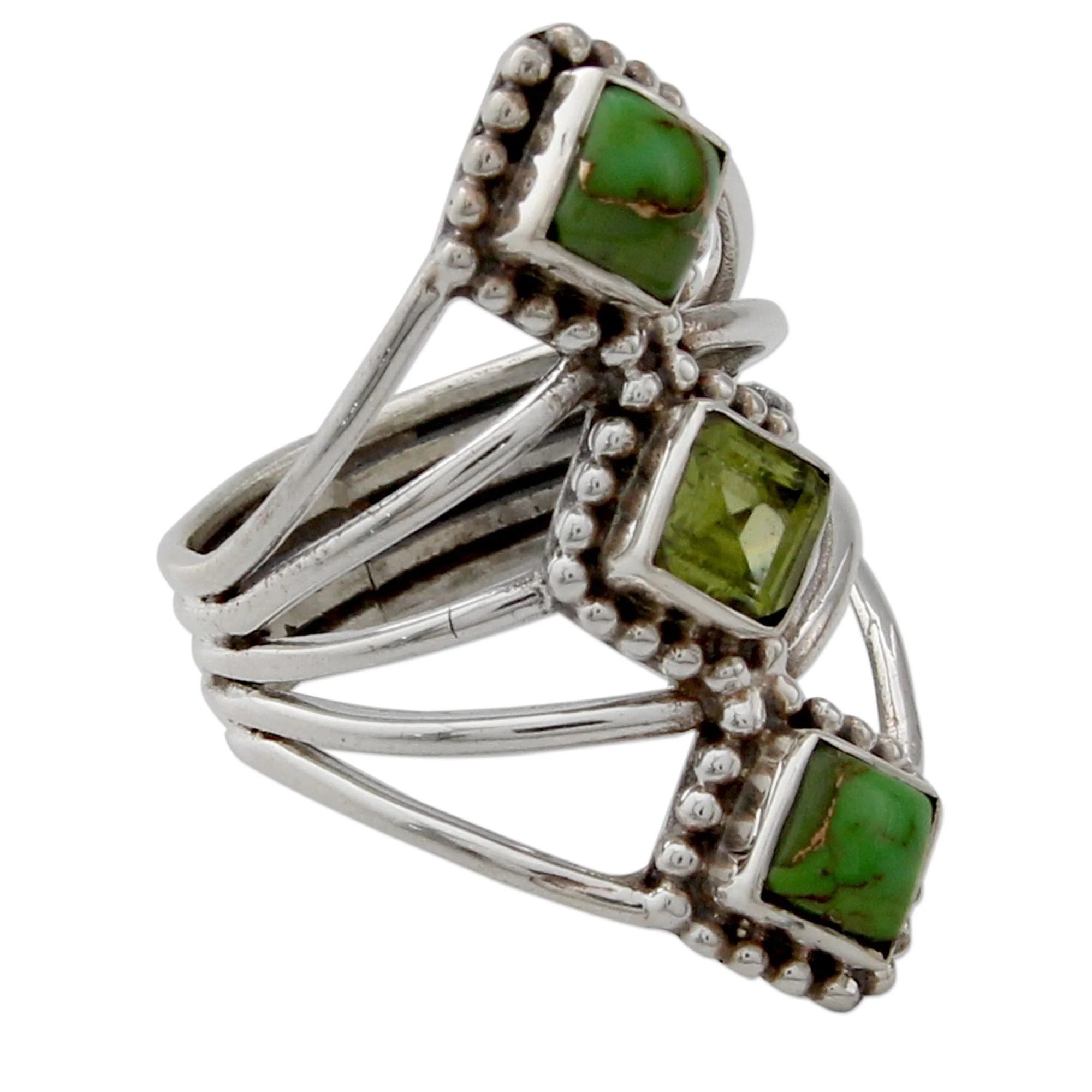 Forest Allure Handmade Peridot and Reconstituted Turquoise Cocktail Ring - Image 3