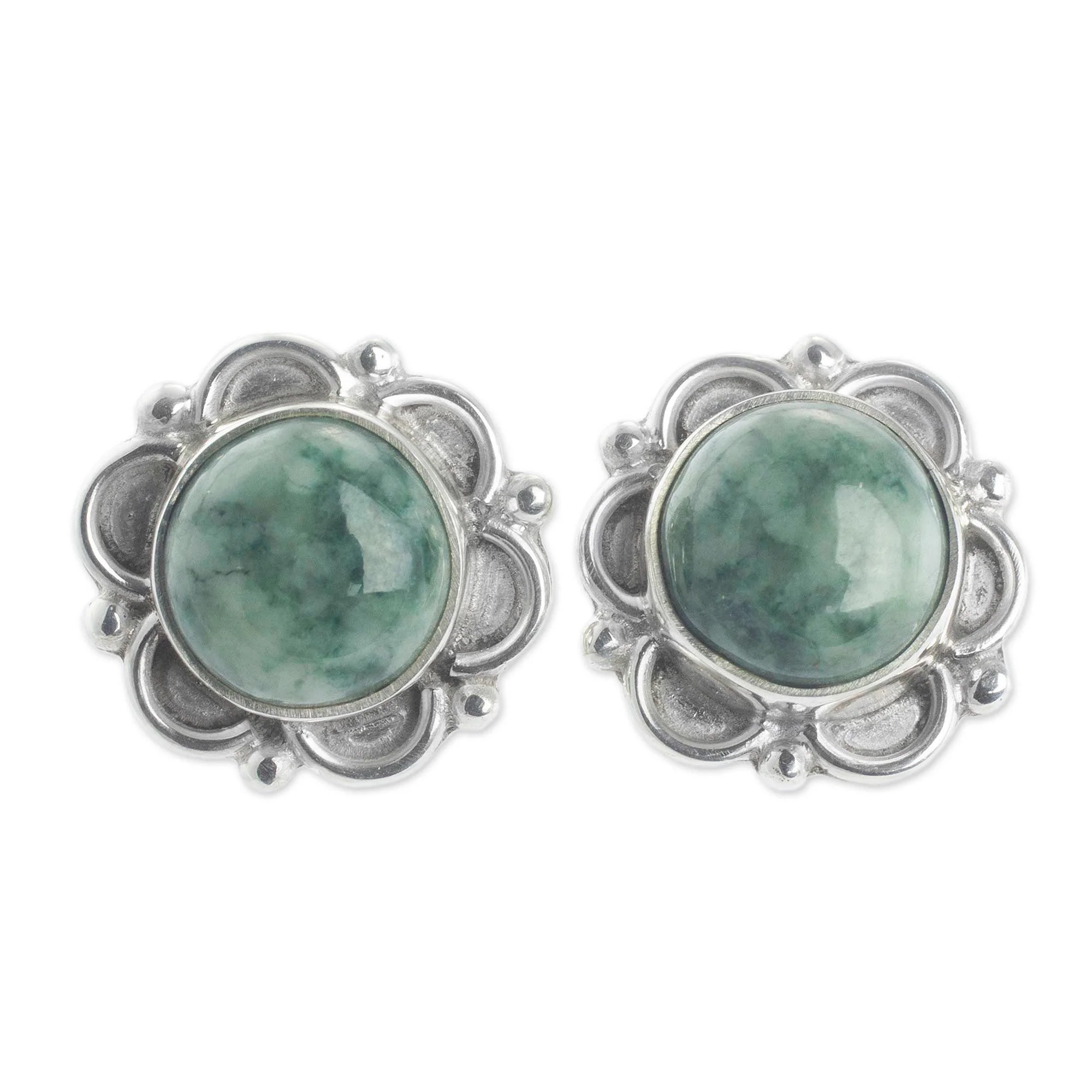 Forest Princess Jade & Silver Button Earrings - Image 2