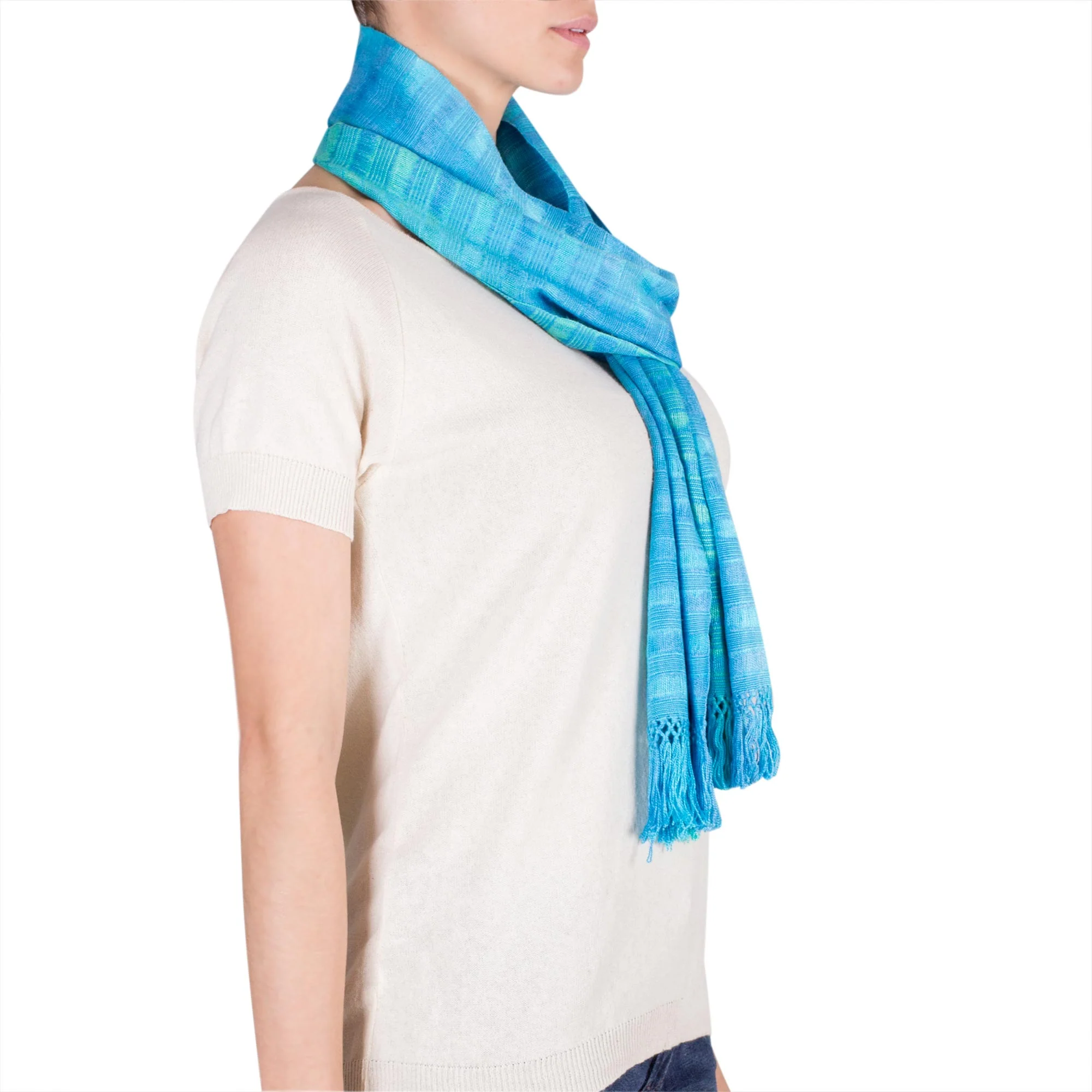 Forever Blue Backstrap Loom Rayon Chenille Handmade Scarf in Blue - Image 3