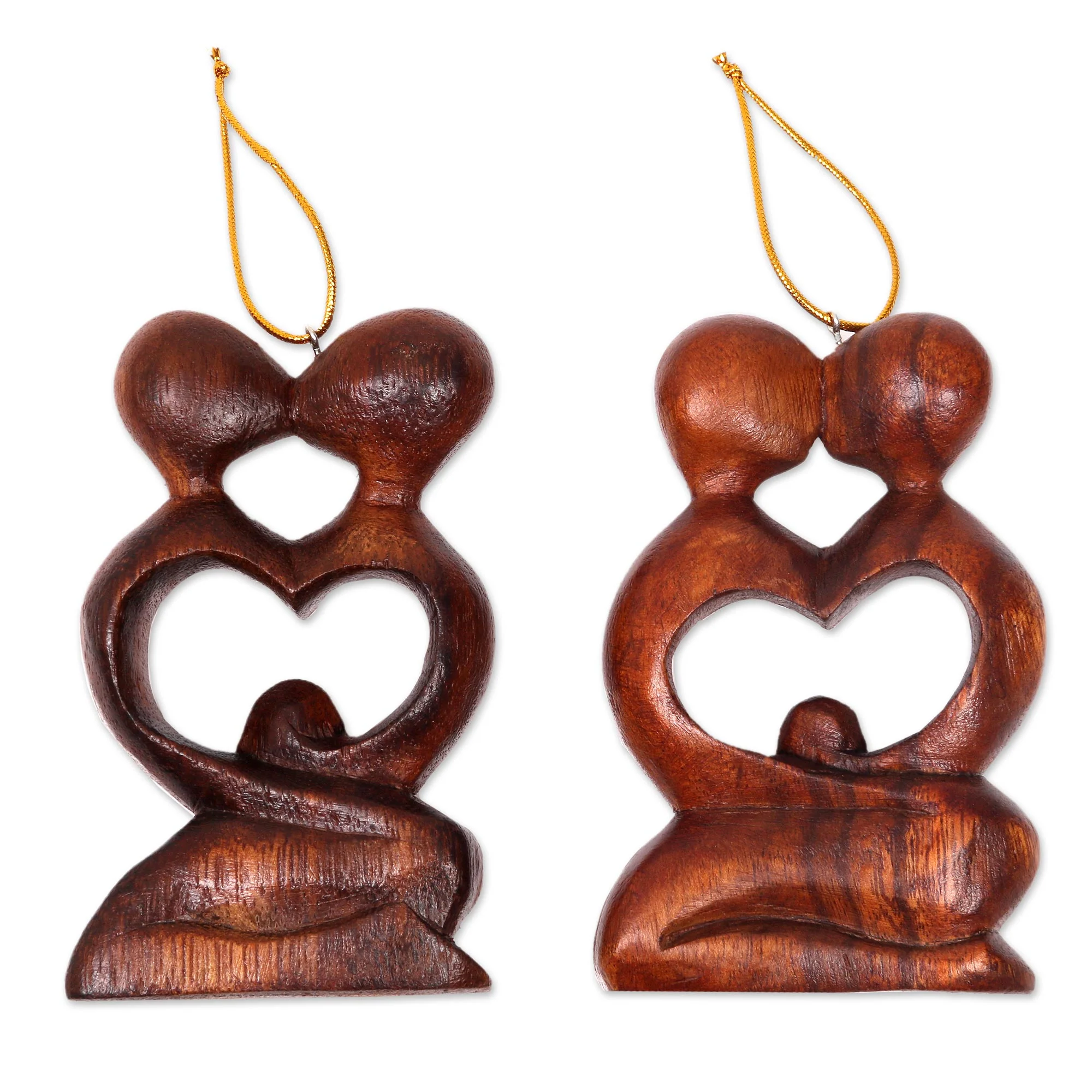 Forever Together Two Heart Ornaments of Couple Kissing Hand Carved of Wood - Image 2