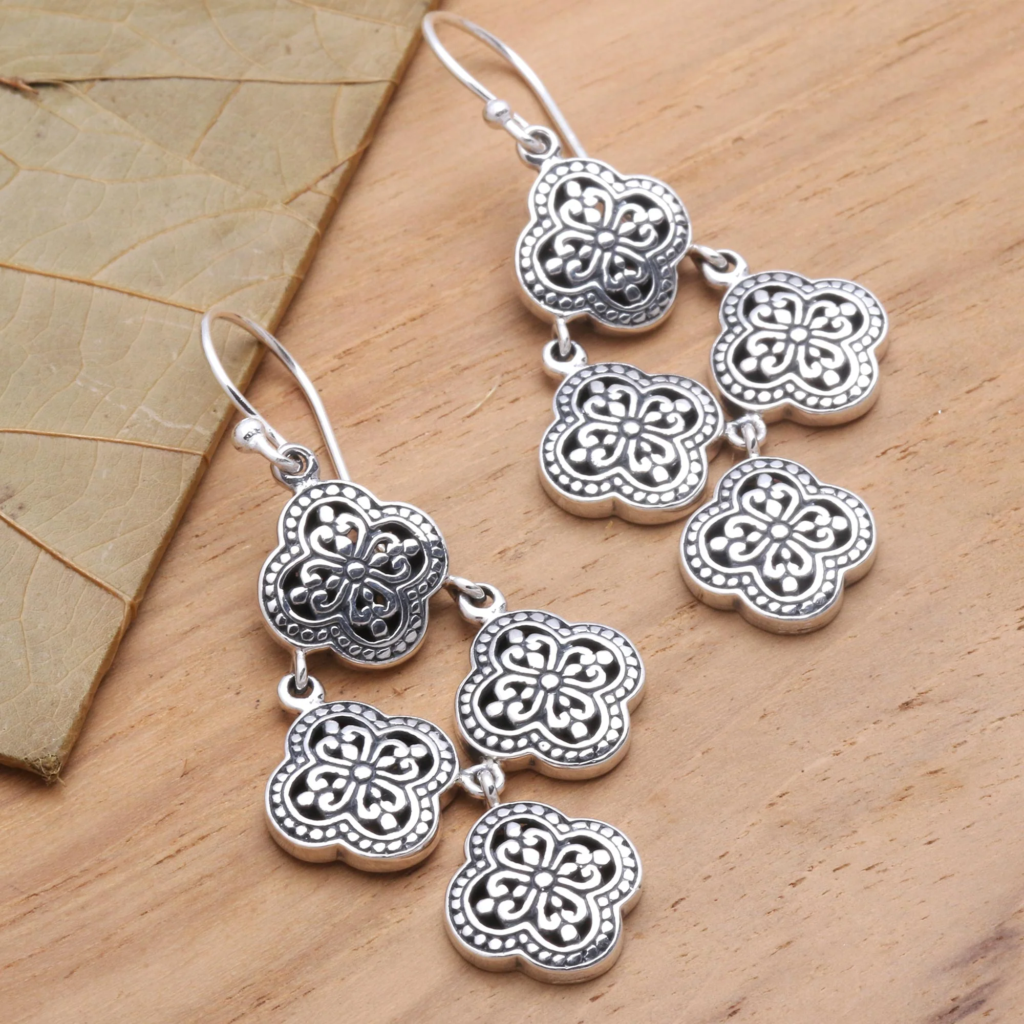 Four-Petaled Flowers Sterling Silver Chandelier Earrings from Bali - Image 3