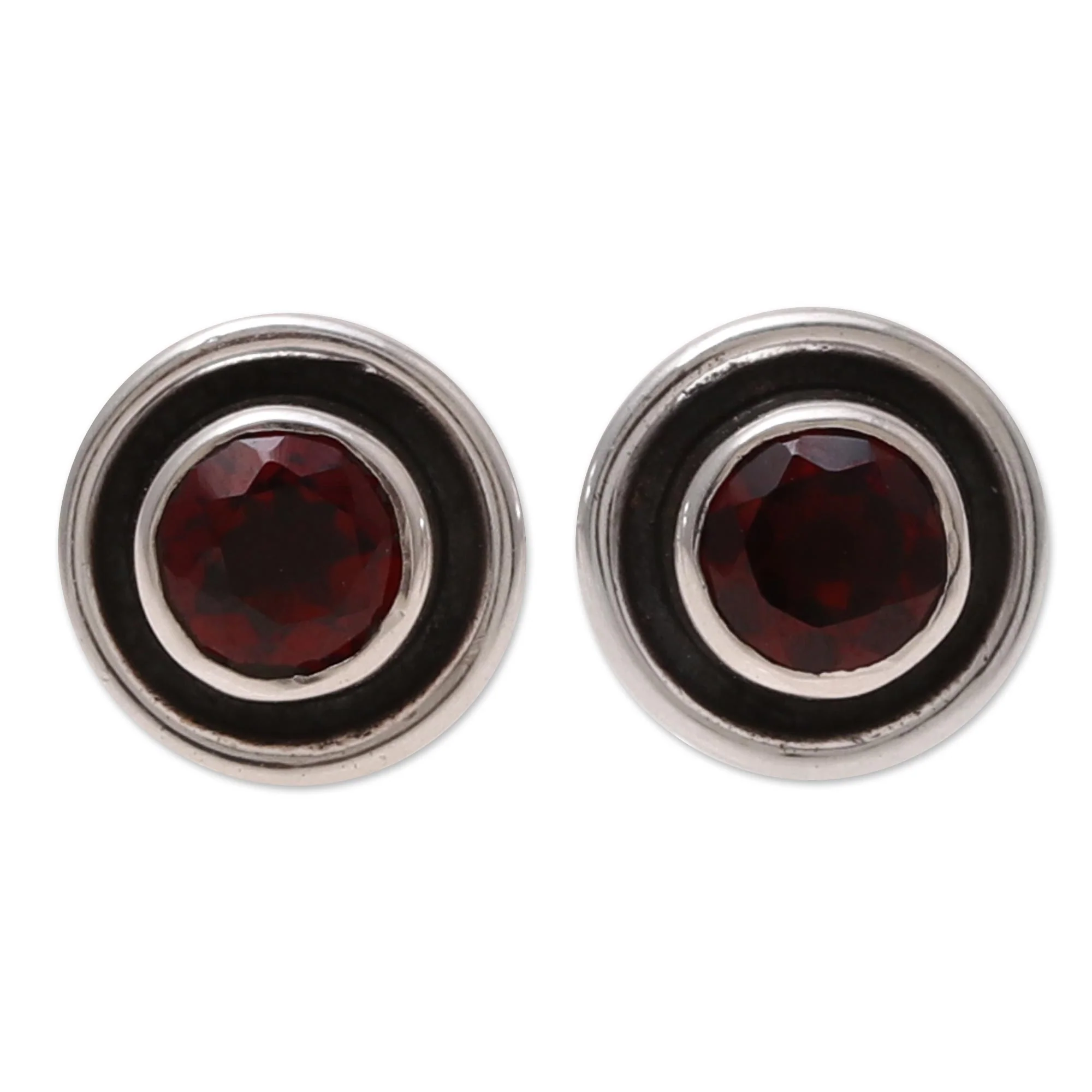 Framed Sparkle Circular Faceted Garnet Stud Earrings from India - Image 2