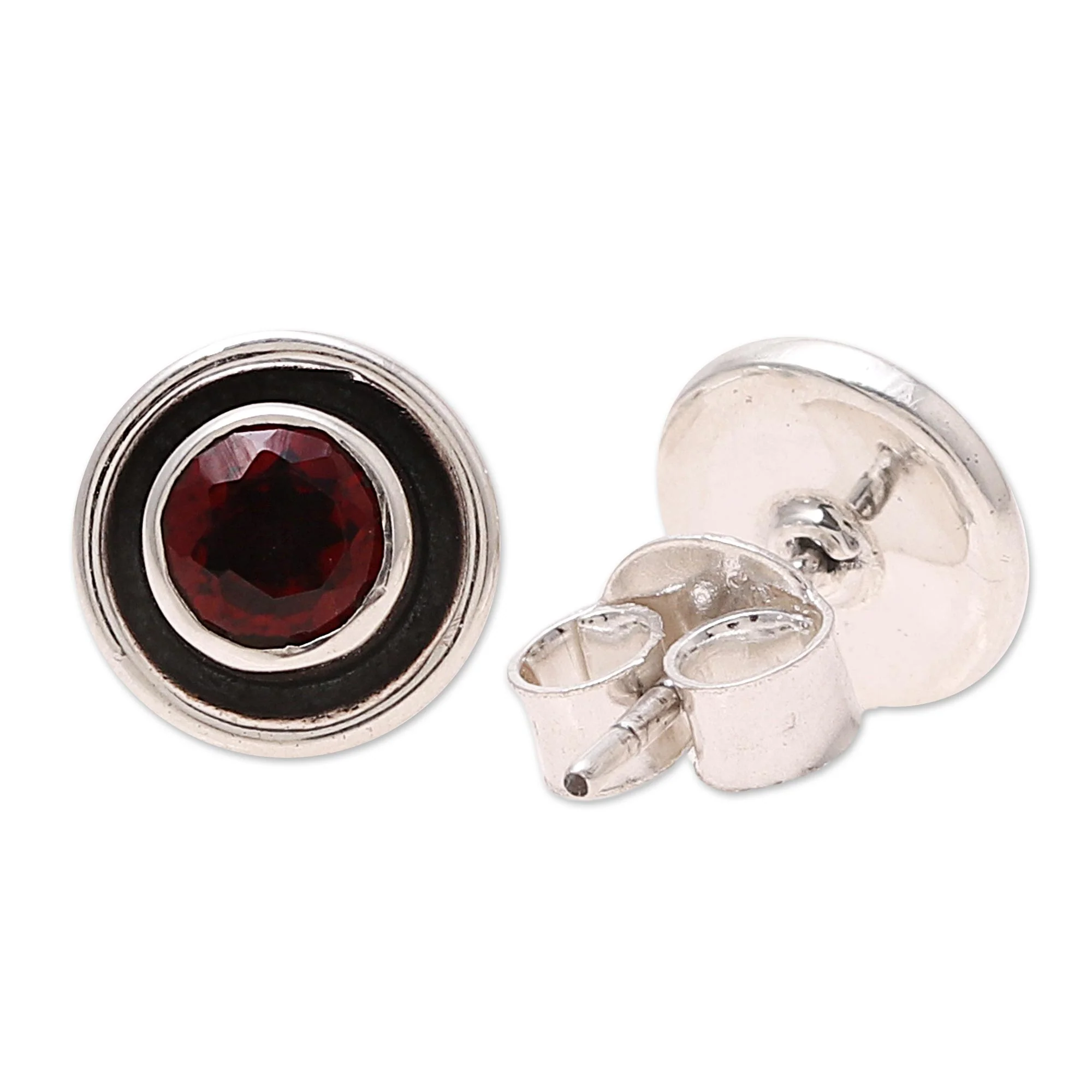 Framed Sparkle Circular Faceted Garnet Stud Earrings from India - Image 5