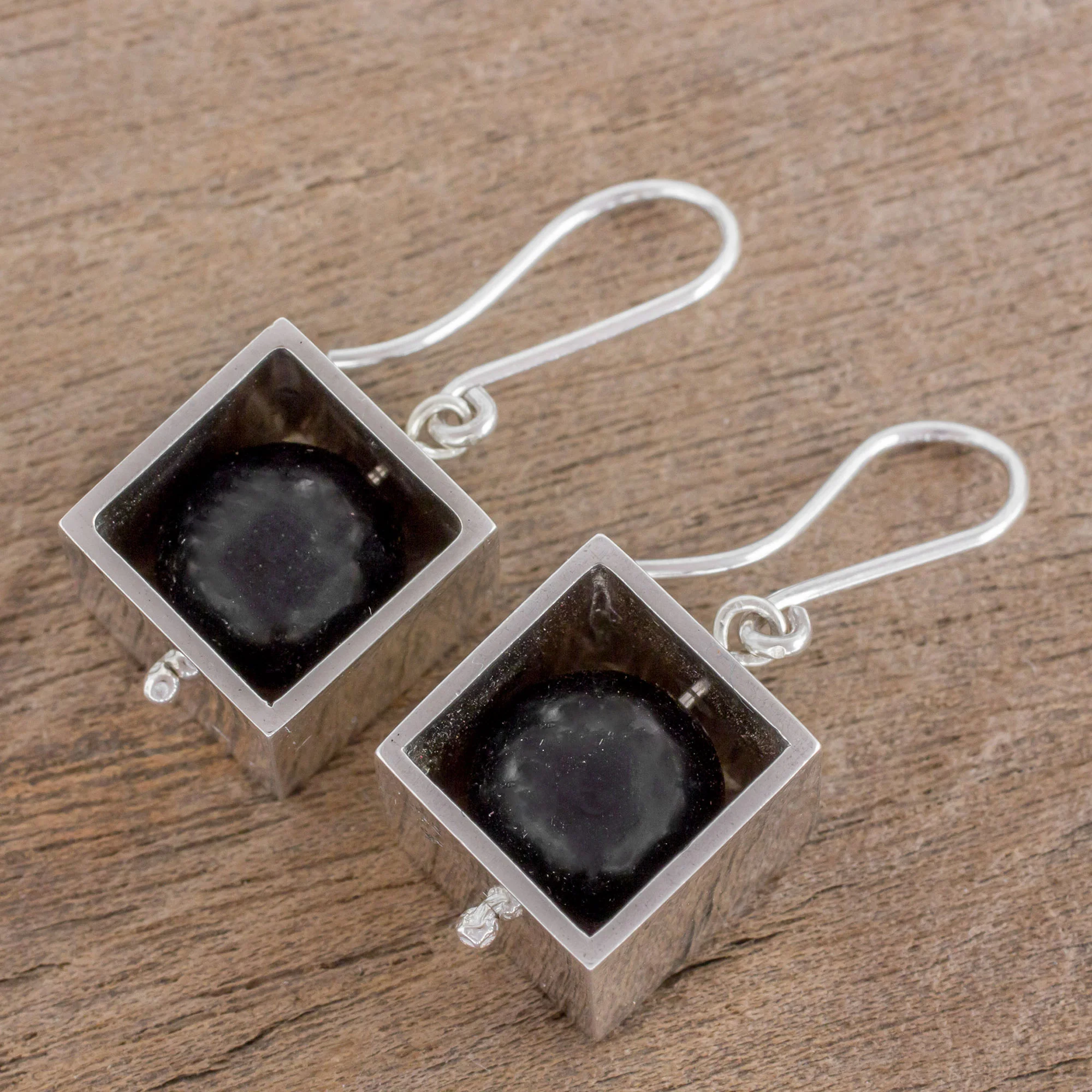 Frames Square Sterling Silver Frame with Onyx Orb Dangle Earrings - Image 3