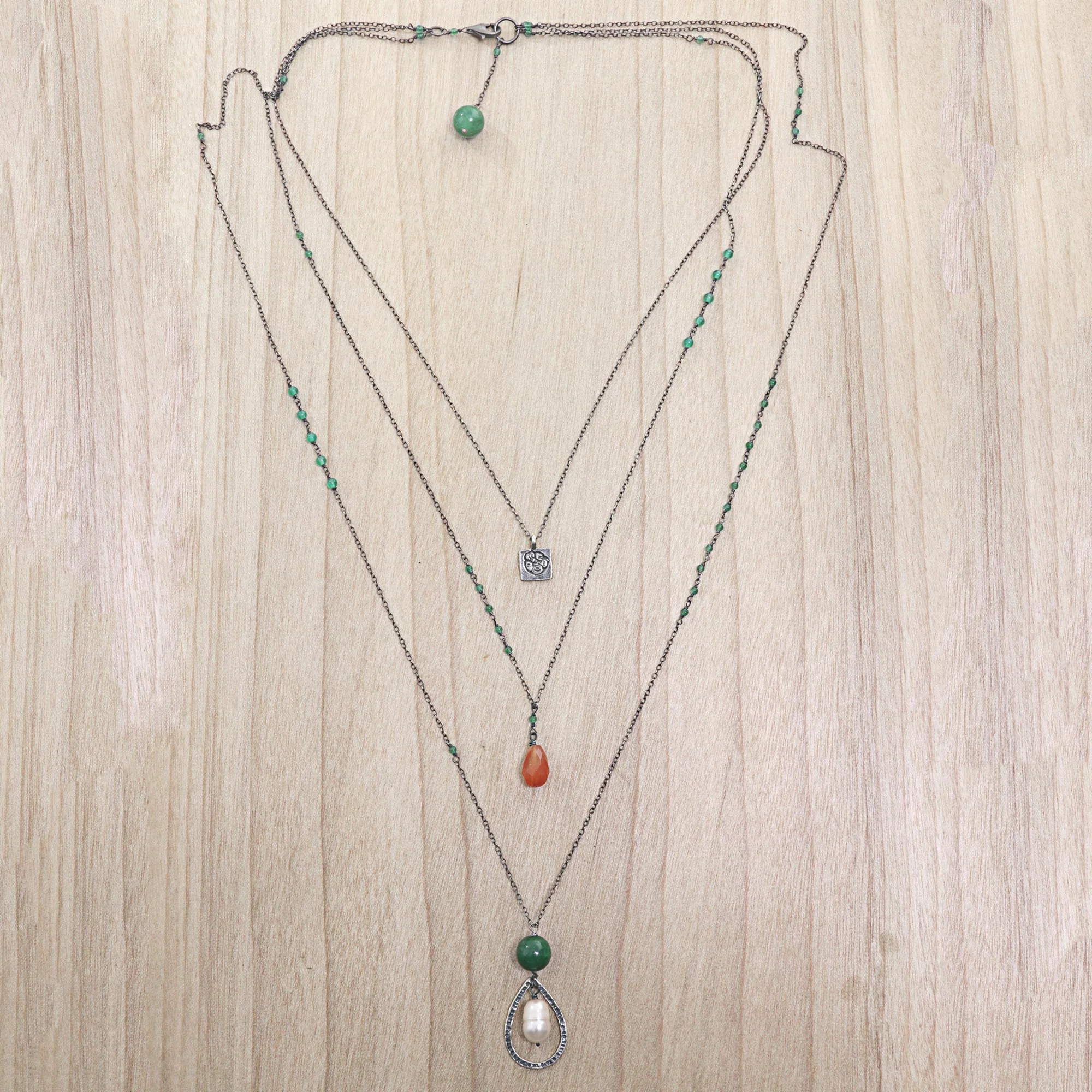 Frangipani Beauty Pearl Quartz Carnelian 3 Chain Pendant Necklace Indonesia - Image 4