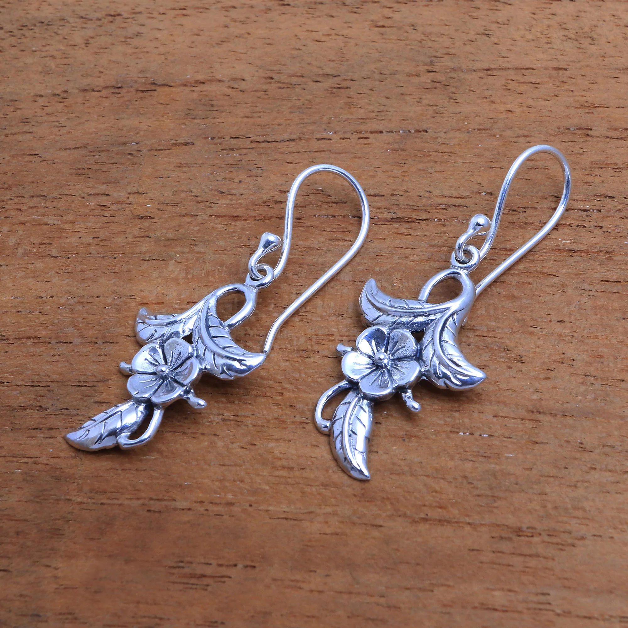 Frangipani Blooms 925 Sterling Silver Flower Dangle Earrings from Bali - Image 4