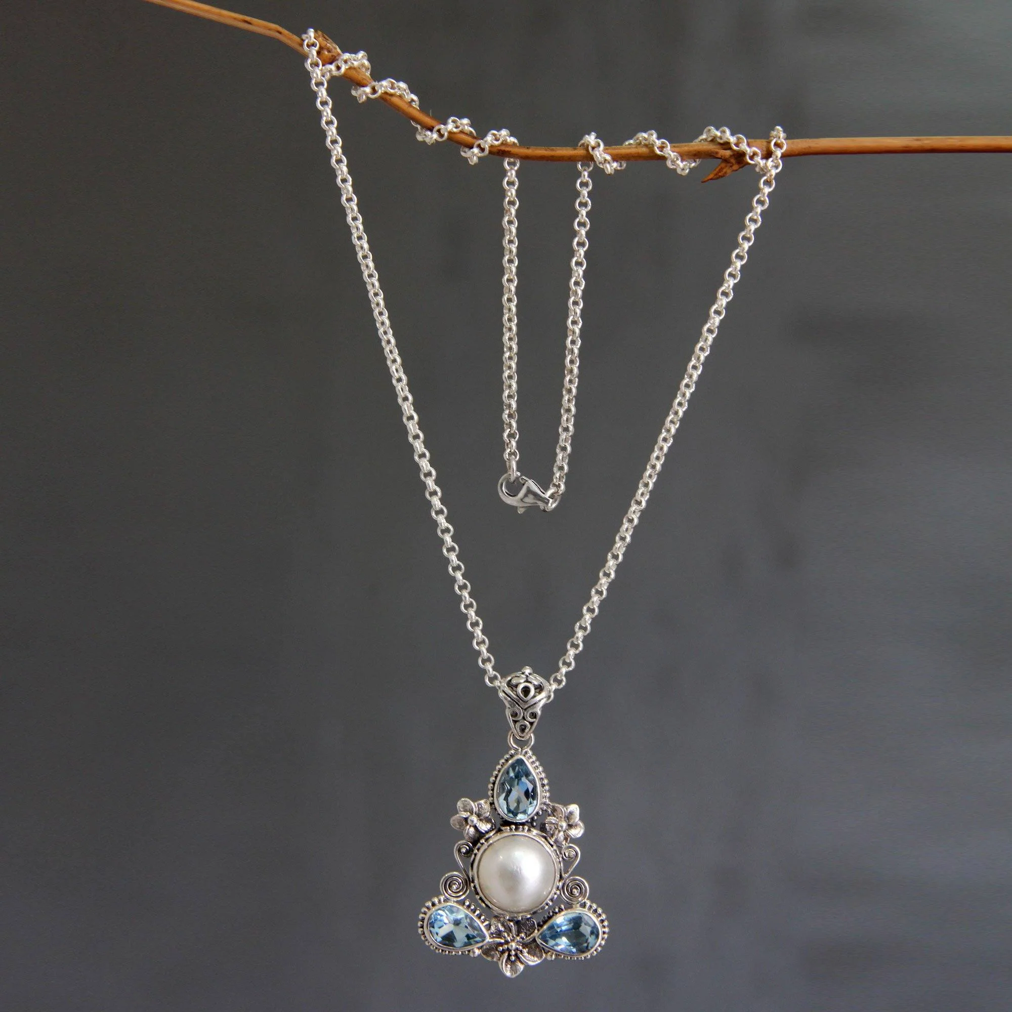 Frangipani Blue Topaz & Pearl Pendant Necklace - Image 2