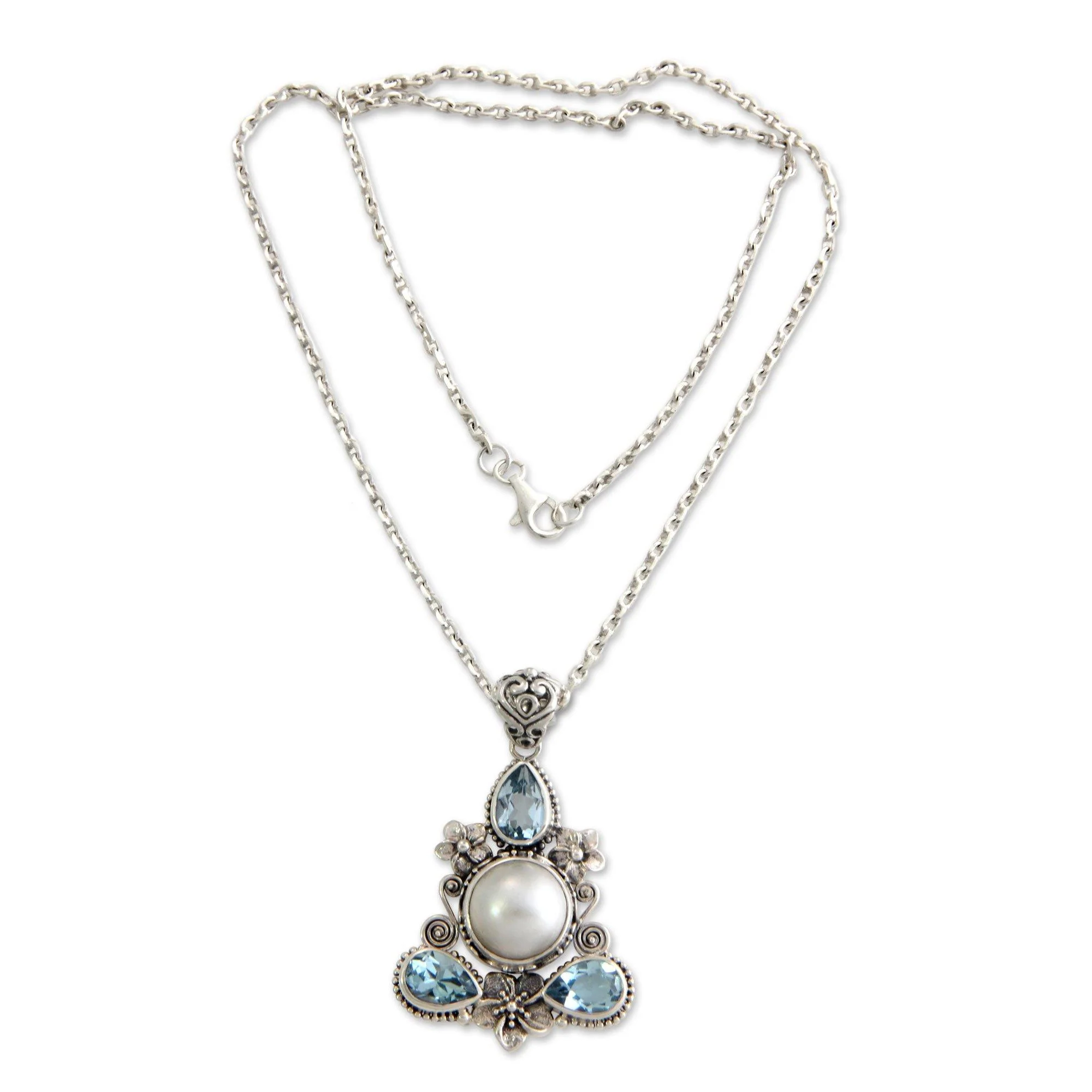 Frangipani Blue Topaz & Pearl Pendant Necklace - Image 3