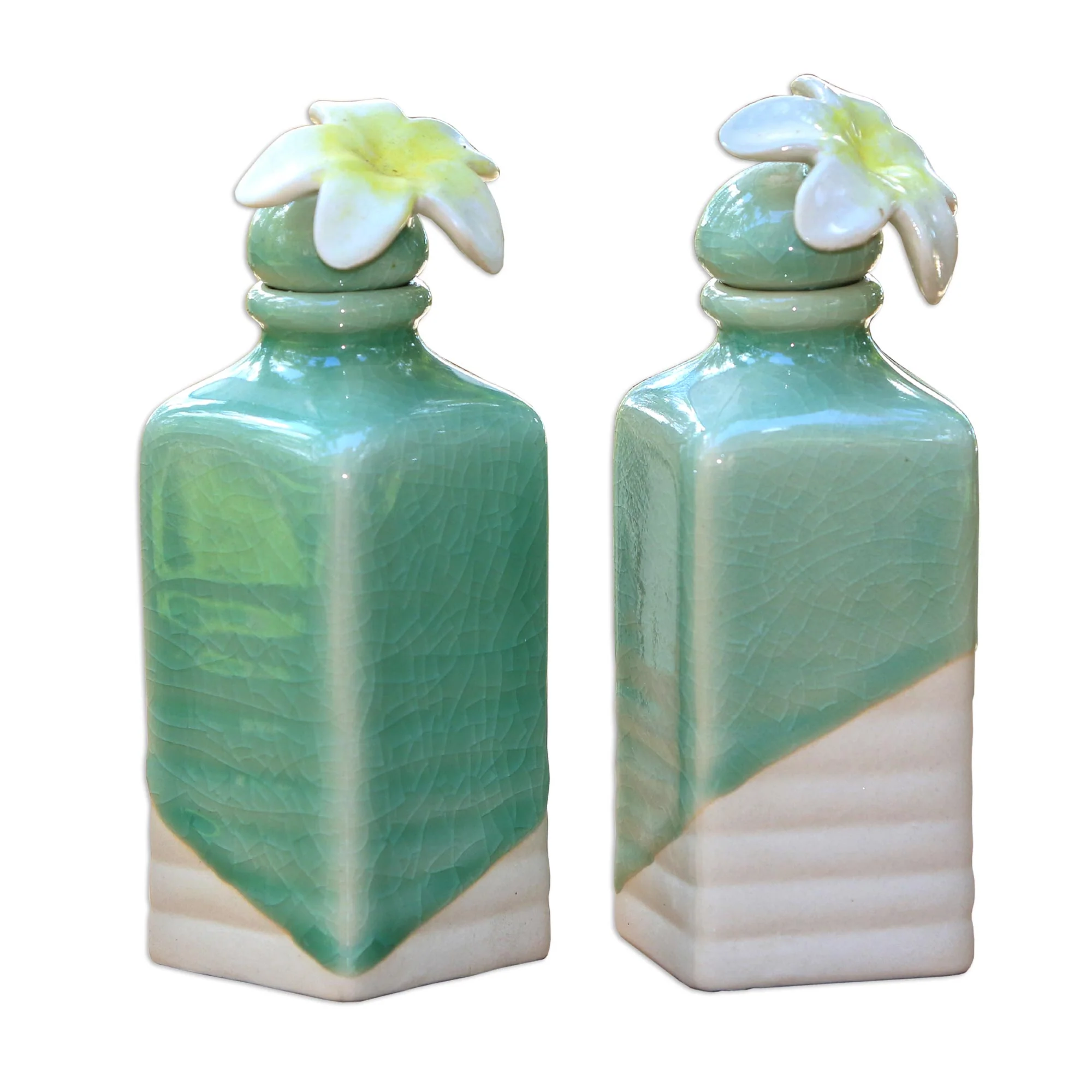 Frangipani Celadon Ceramic Green Floral Oil Bottles (Pair) - Image 2