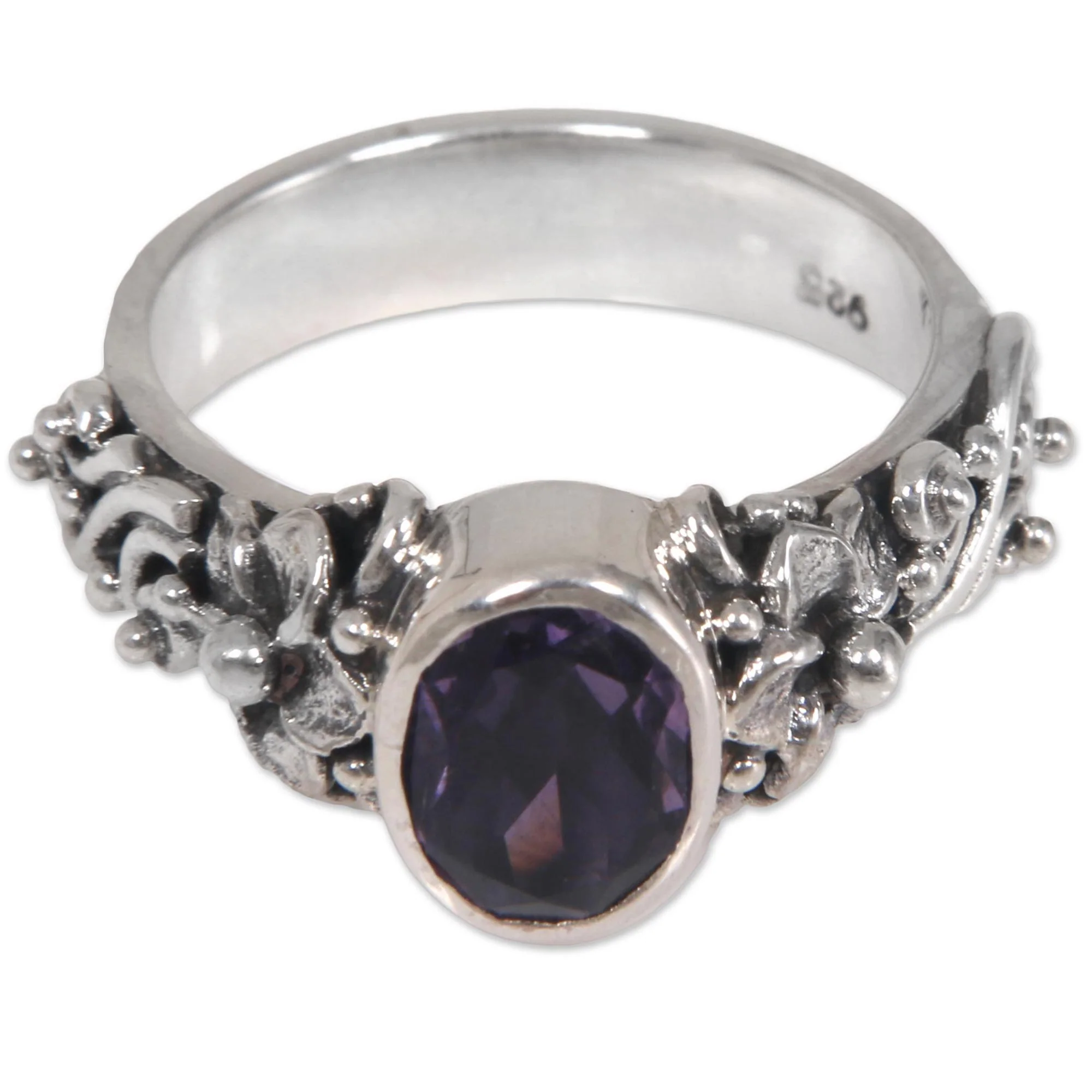 Frangipani Path Amethyst and Sterling Silver Single Stone Flower Ring - Image 2