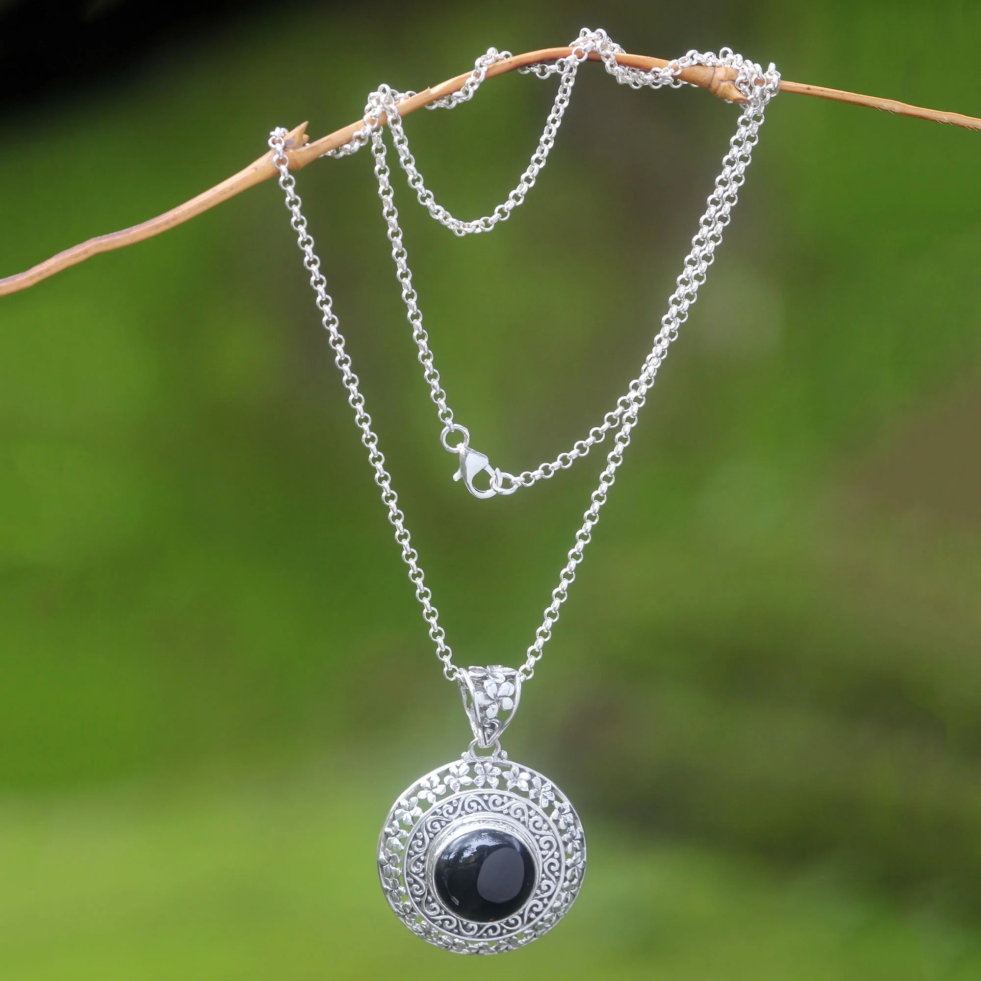 Frangipani Secrets Floral Sterling Silver and Onyx Pendant Necklace - Image 3