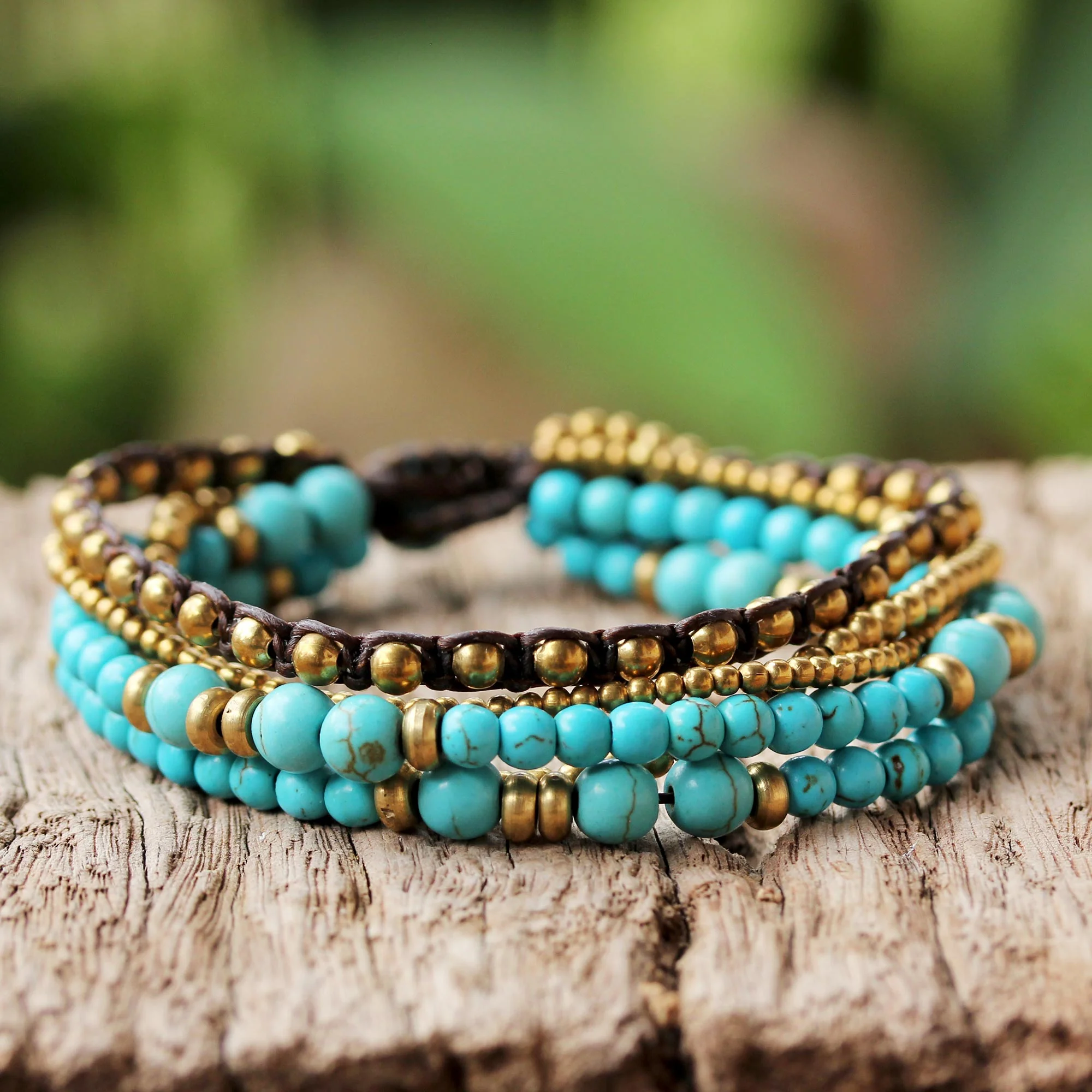 Fresh Summer Brass and Calcite Multi-Strand Beaded Bracelet from Thailand - Image 3