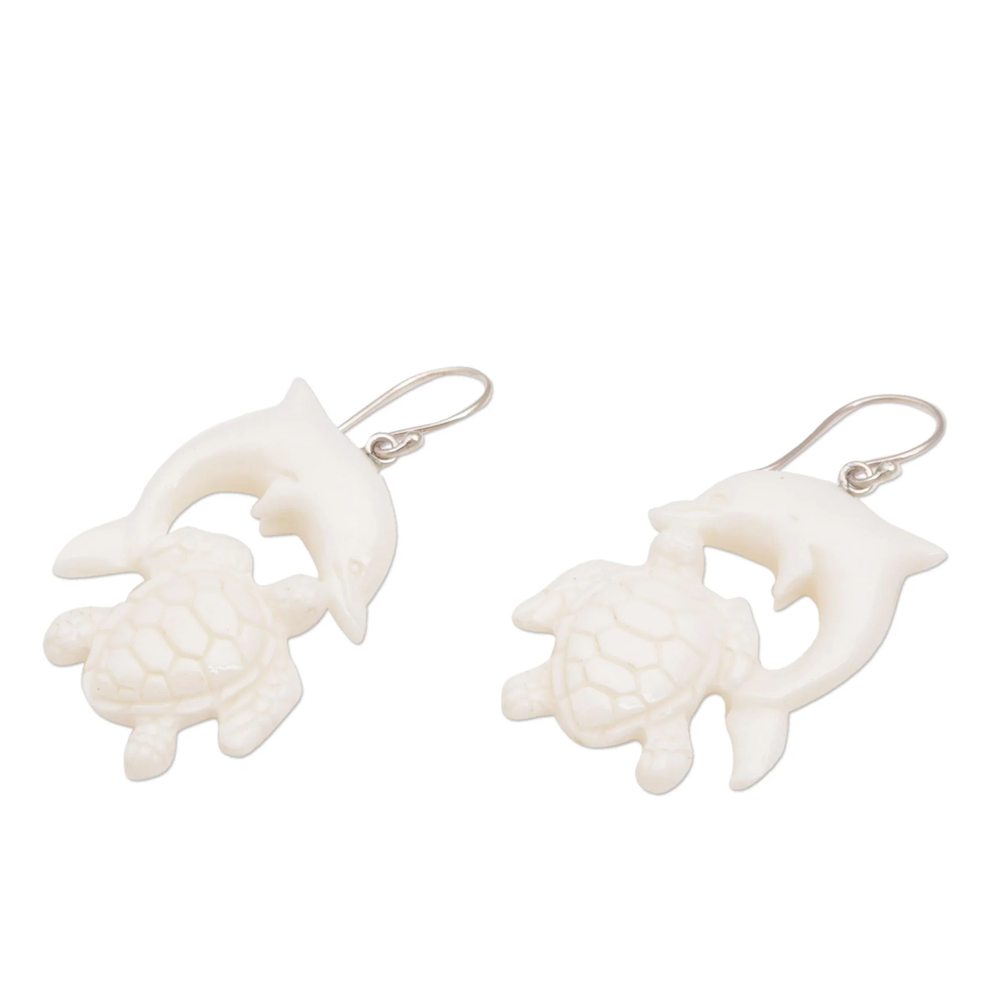Friends Among the Waves Bone Dangle Earrings with Dolphin and Tortoise Theme - Image 3