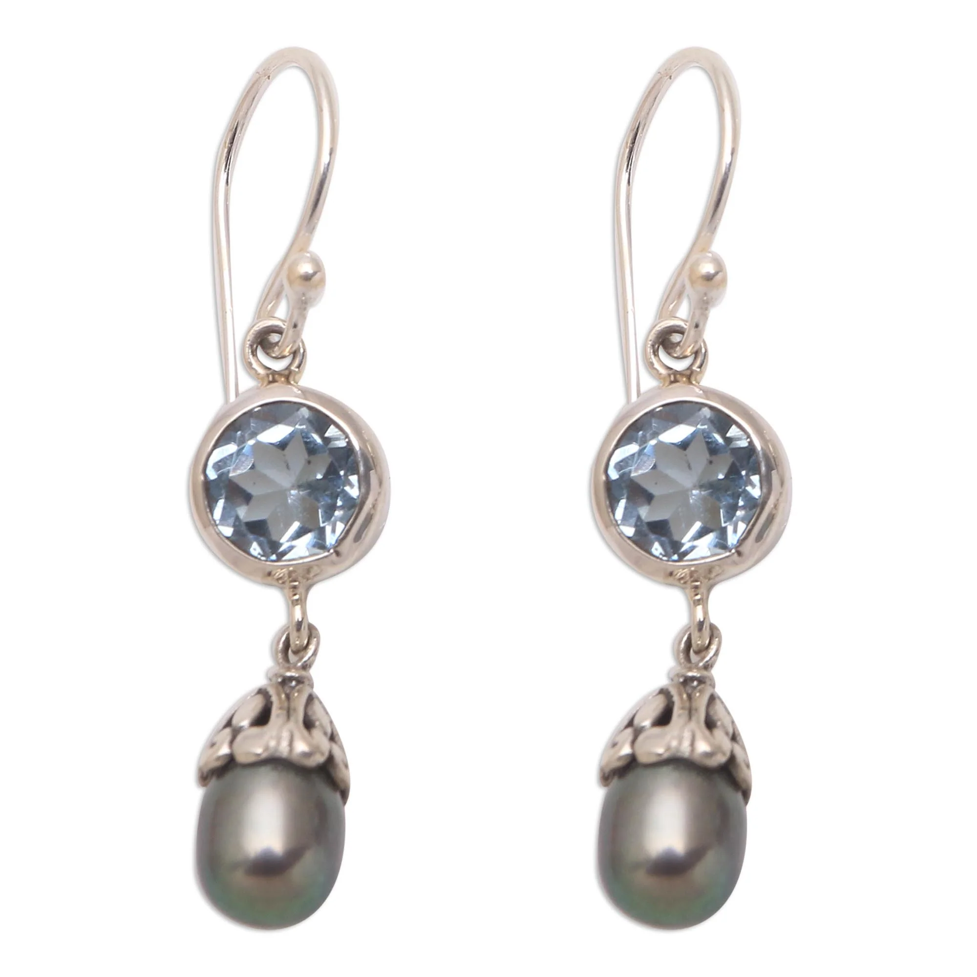 Fruit of Light Blue Topaz and Cultured Pearl Dangle Earrings from Bali - Image 2